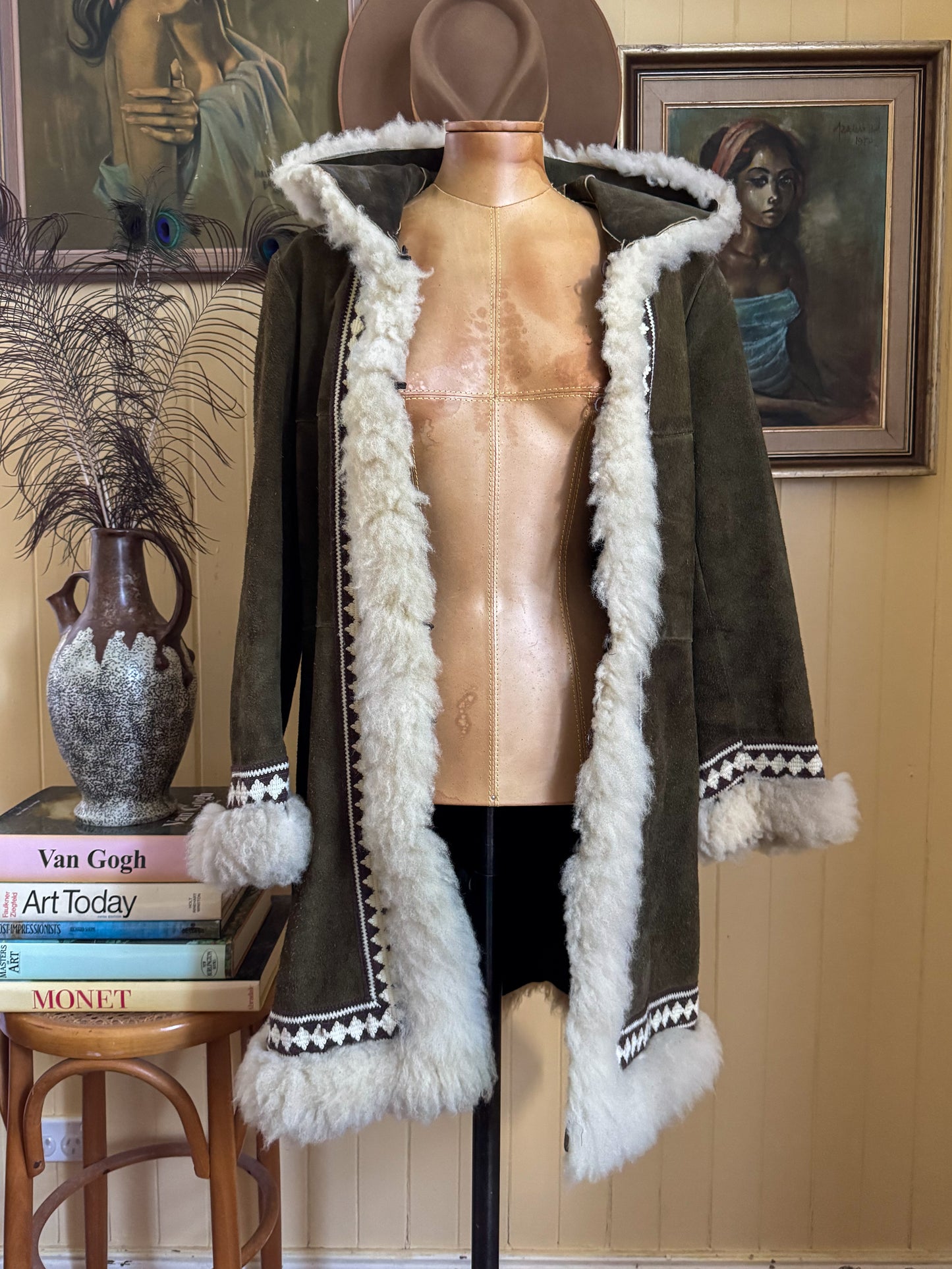 1970S PENNY LANE KHAKI SUEDE LEATHER HOODED SHEARLING LONG COAT S