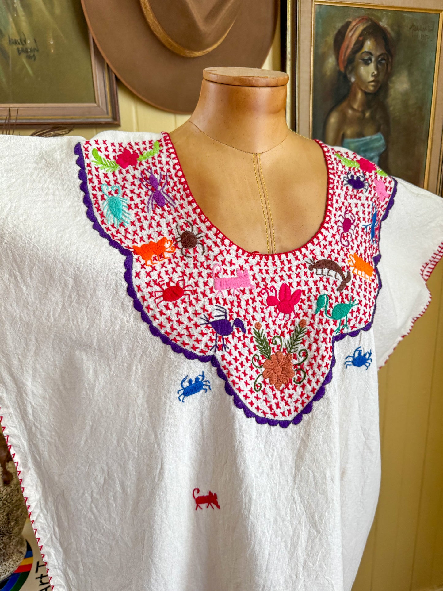 HANDMADE MEXICAN NATURAL COTTON EMBROIDERED HUIPIL TOP L/XL
