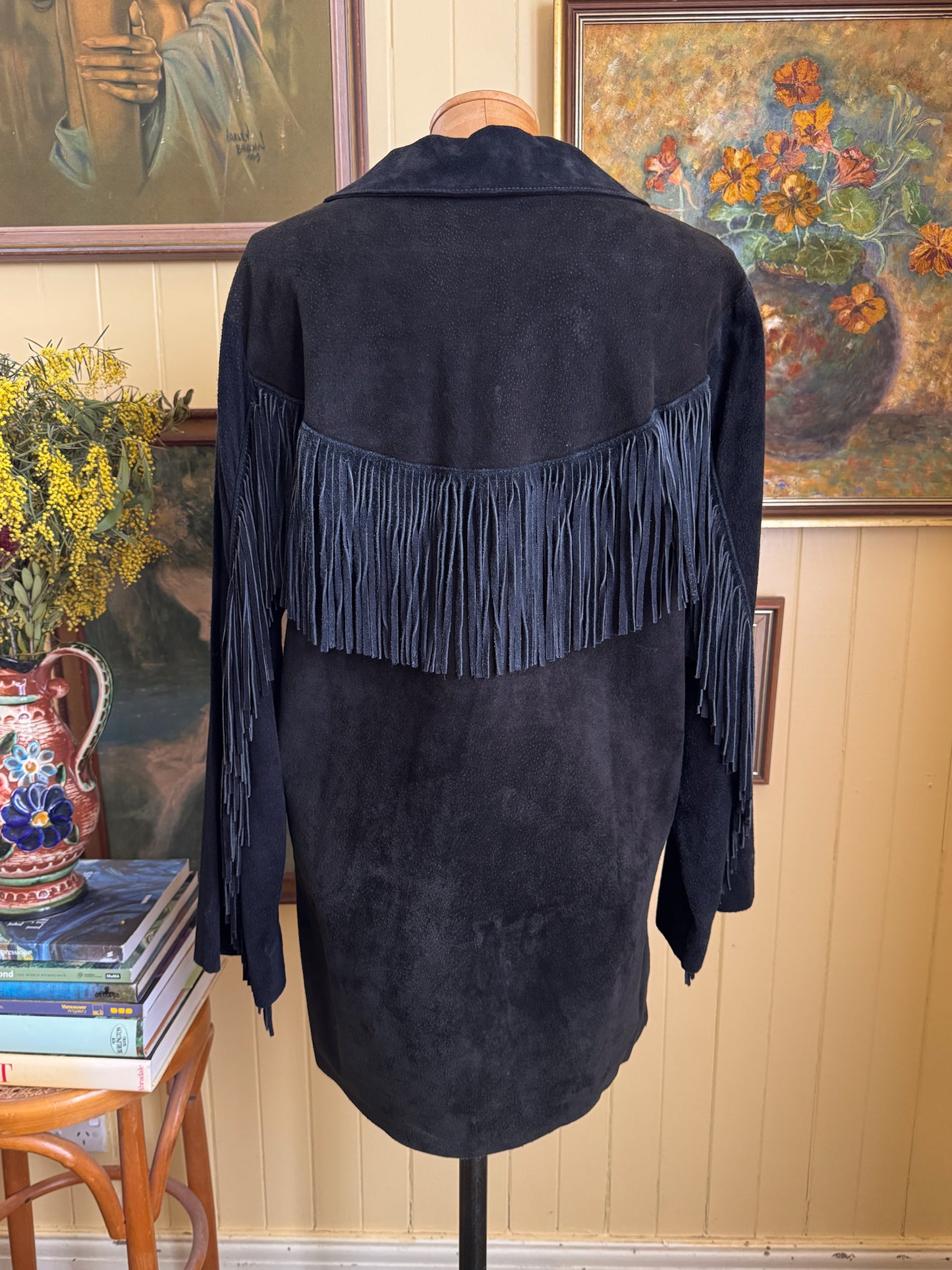 VINTAGE 1970S AUSTRALIAN BOJO BLACK SUEDE LEATHER FRINGED WESTERN TUNIC SHIRT M/L