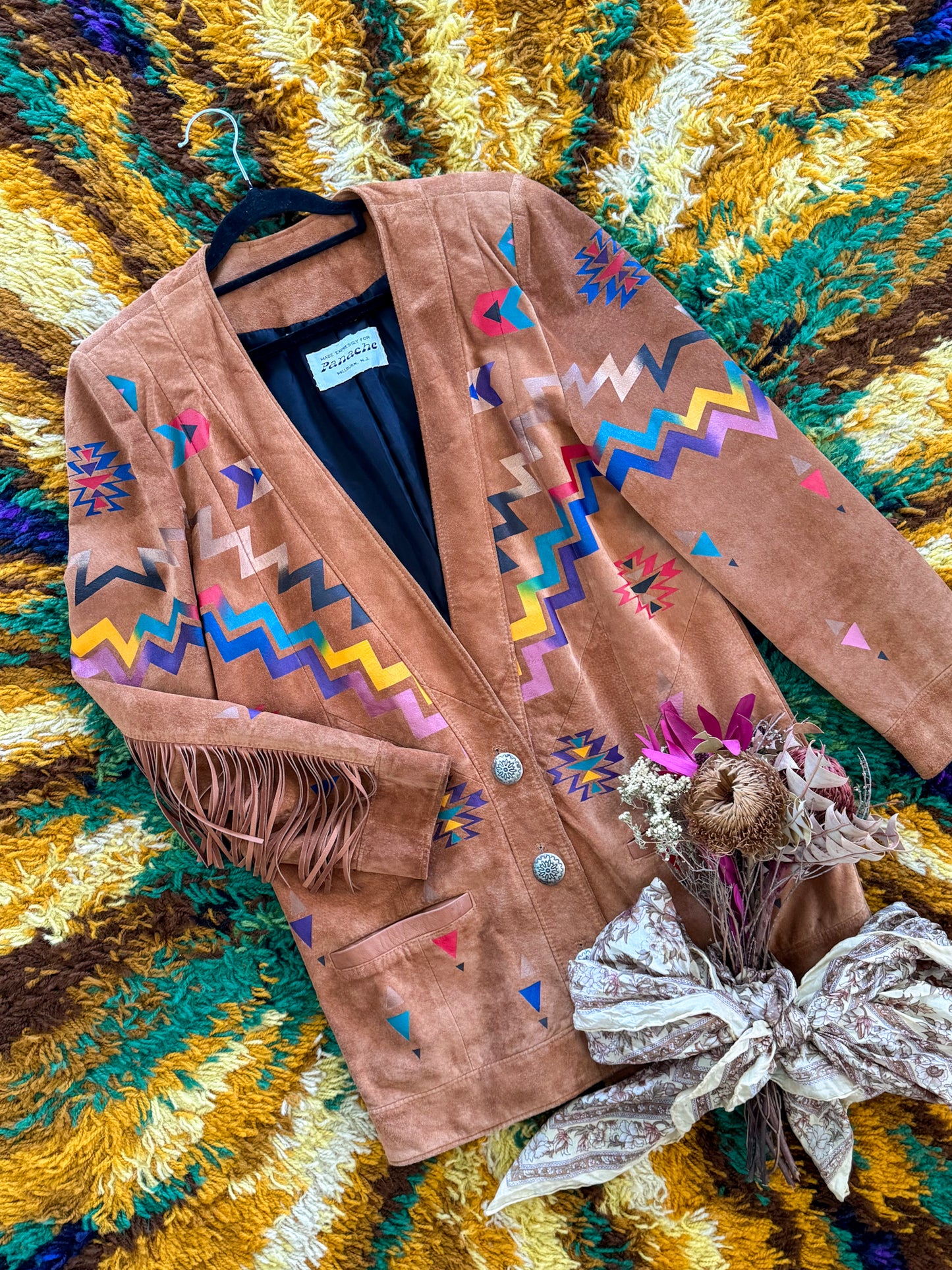 VINTAGE 1980S PANACHE SUEDE FRINGED PAINTED WESTERN JACKET S/M