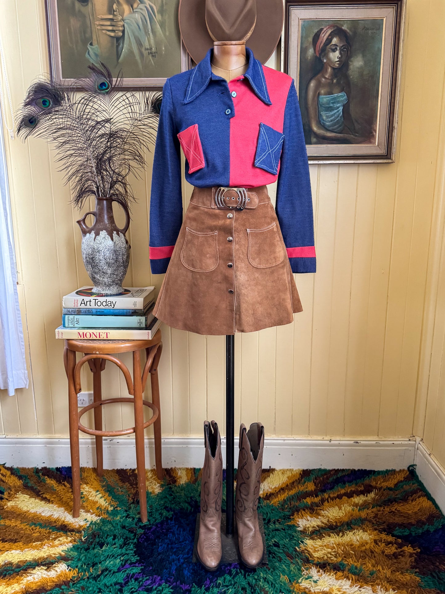 VINTAGE 1960S JULIAN HAYE COLOUR BLOCK COLLARED TUNIC TOP S