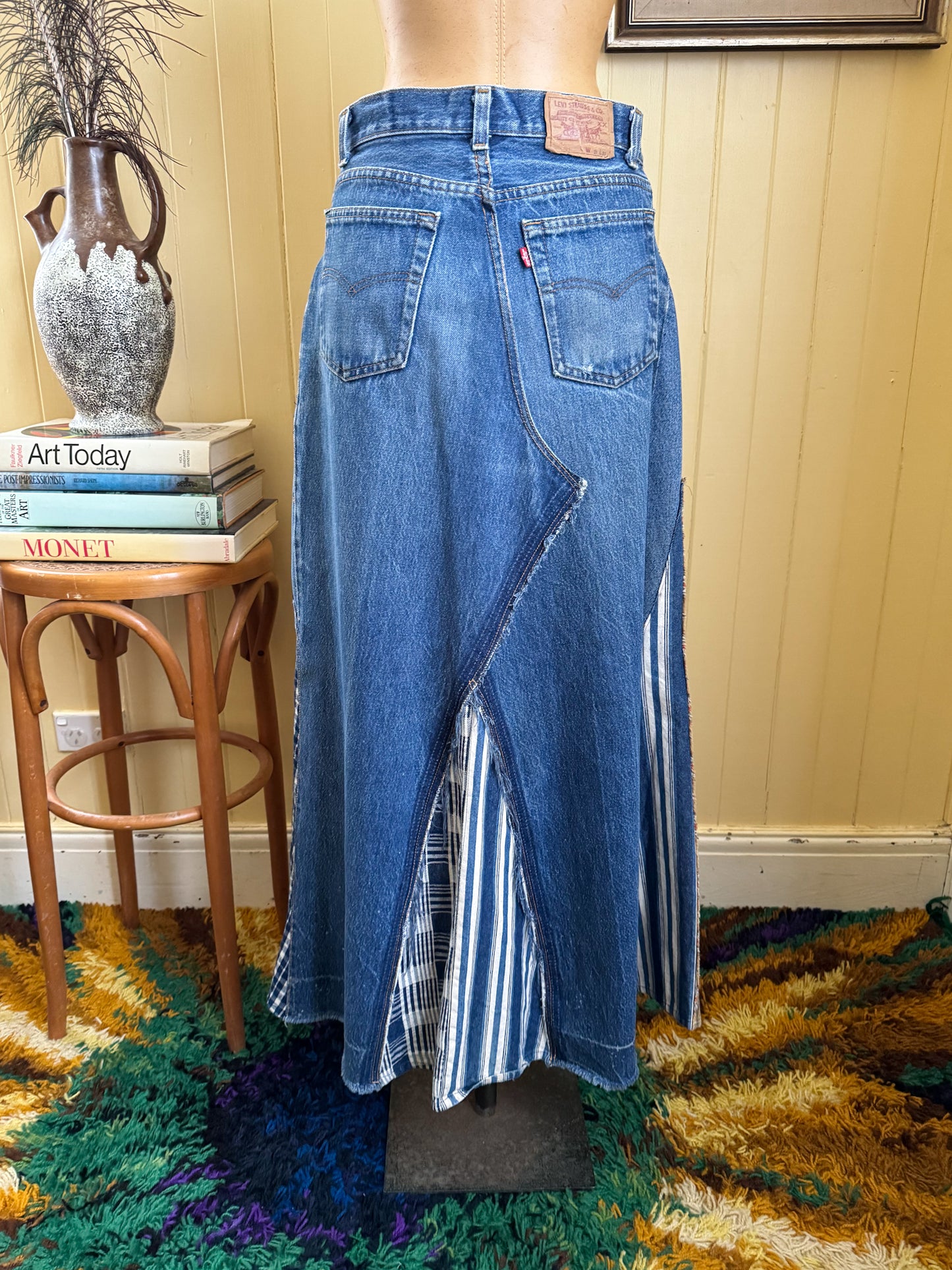 VINTAGE REWORKED LEVI’S COTTON DENIM PATCHWORK SPLICED MAXI SKIRT M