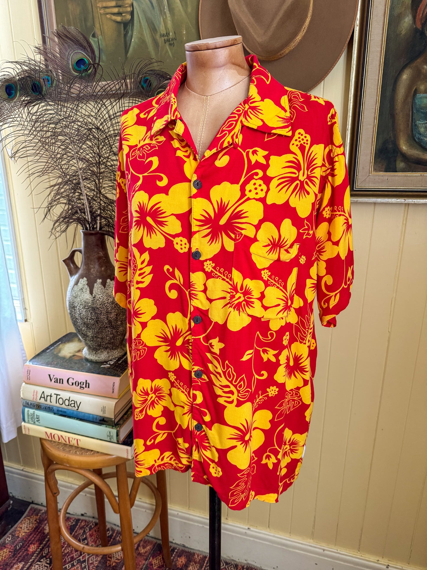 VINTAGE 1990S SUNDRENCHED HAWAIIAN PRINT RAYON OVERSIZED PARTY SHIRT M/L