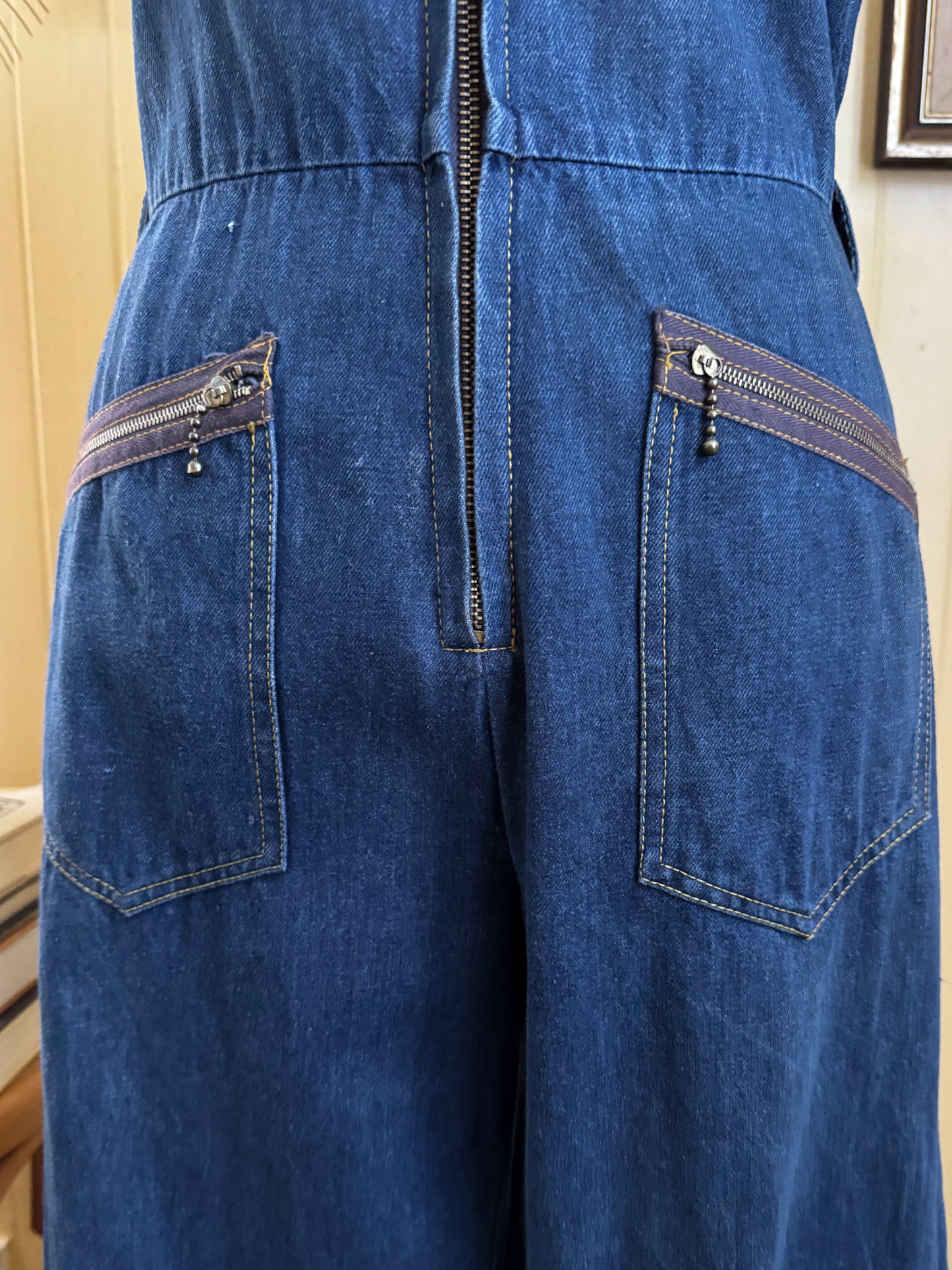 VINTAGE 1970S VADIM AUSTRALIAN COTTON DENIM WIDE LEG JUMPSUIT S/M
