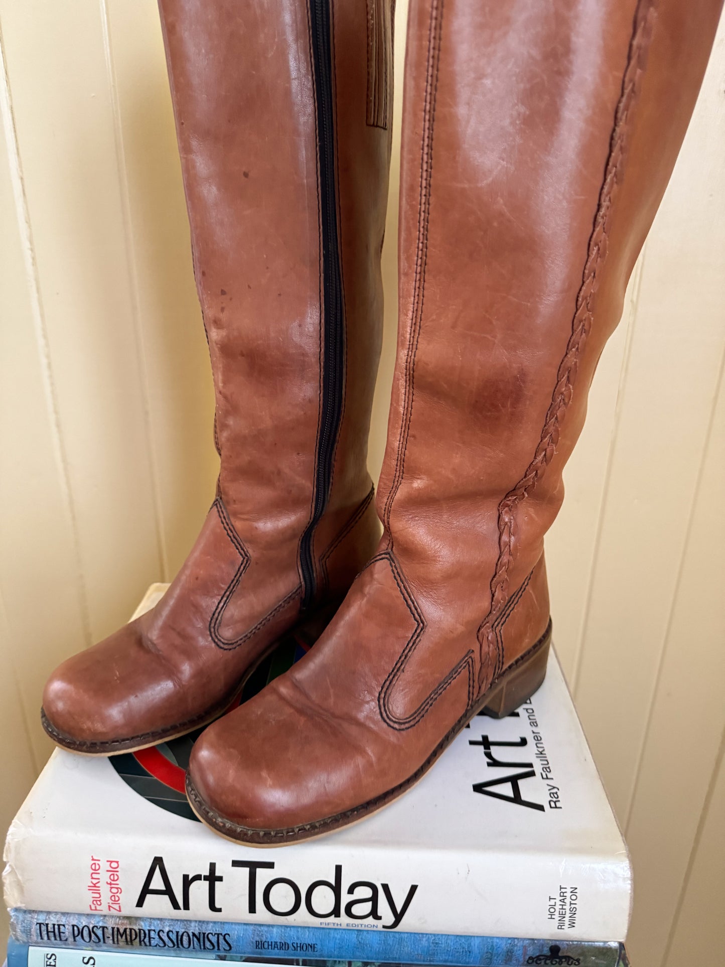 VINTAGE BRAZILIAN CAMPUS CHESTNUT LEATHER BLOCK HEEL BOOTS 5-5.5/36