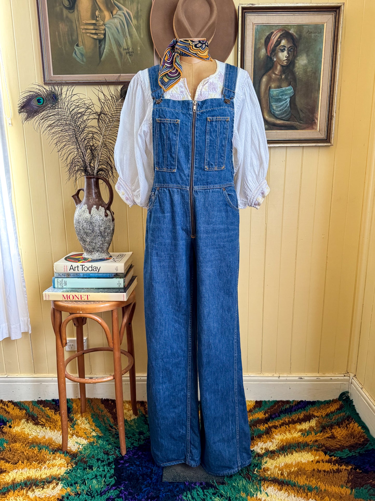 VINTAGE 1970S HASH COTTON DENIM WIDE LEG DUNGAREES OVERALLS M