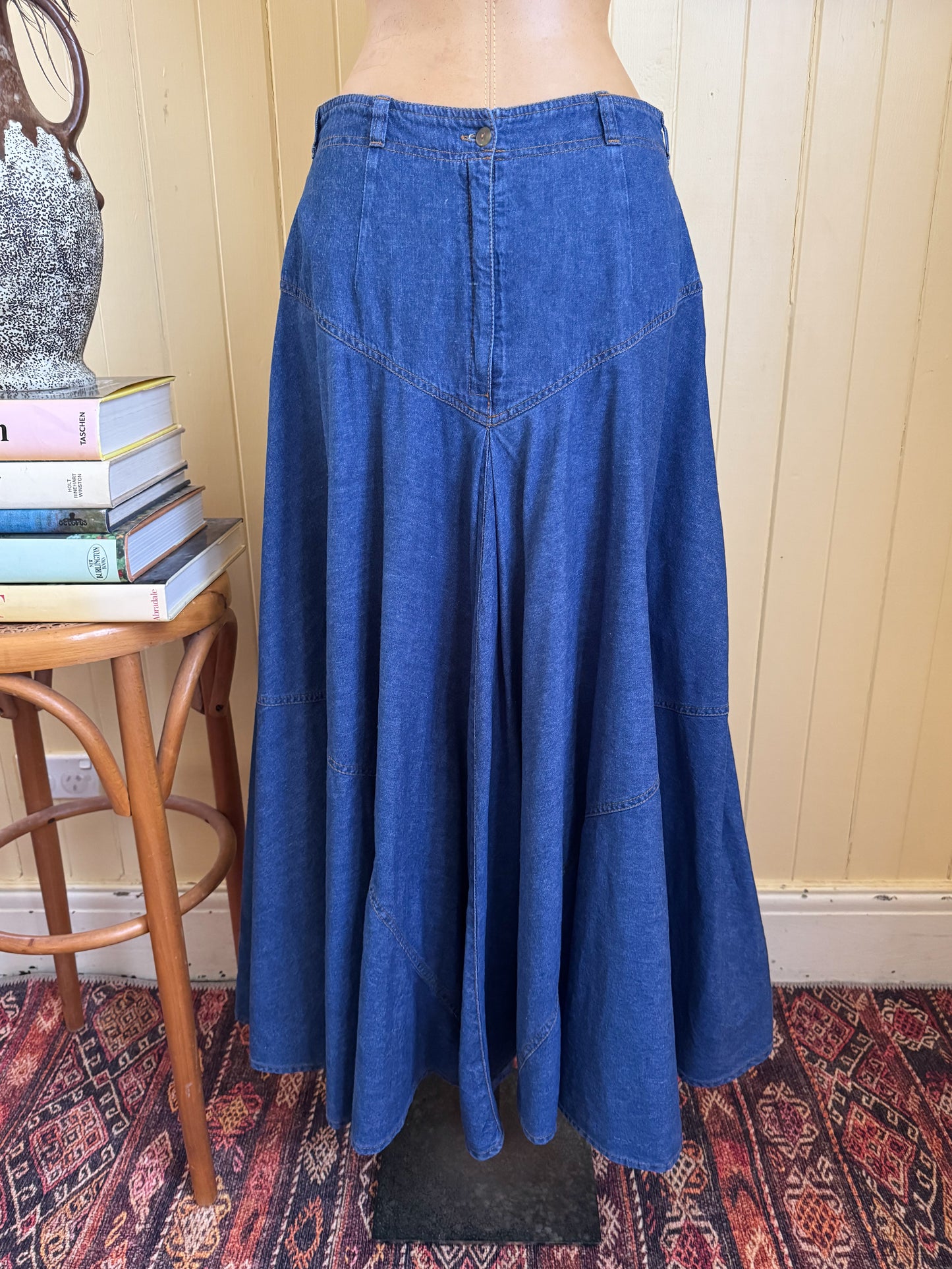 VINTAGE 1980S JAG DENIM HIGH WAISTED YOKE PLEATED MAXI SKIRT M