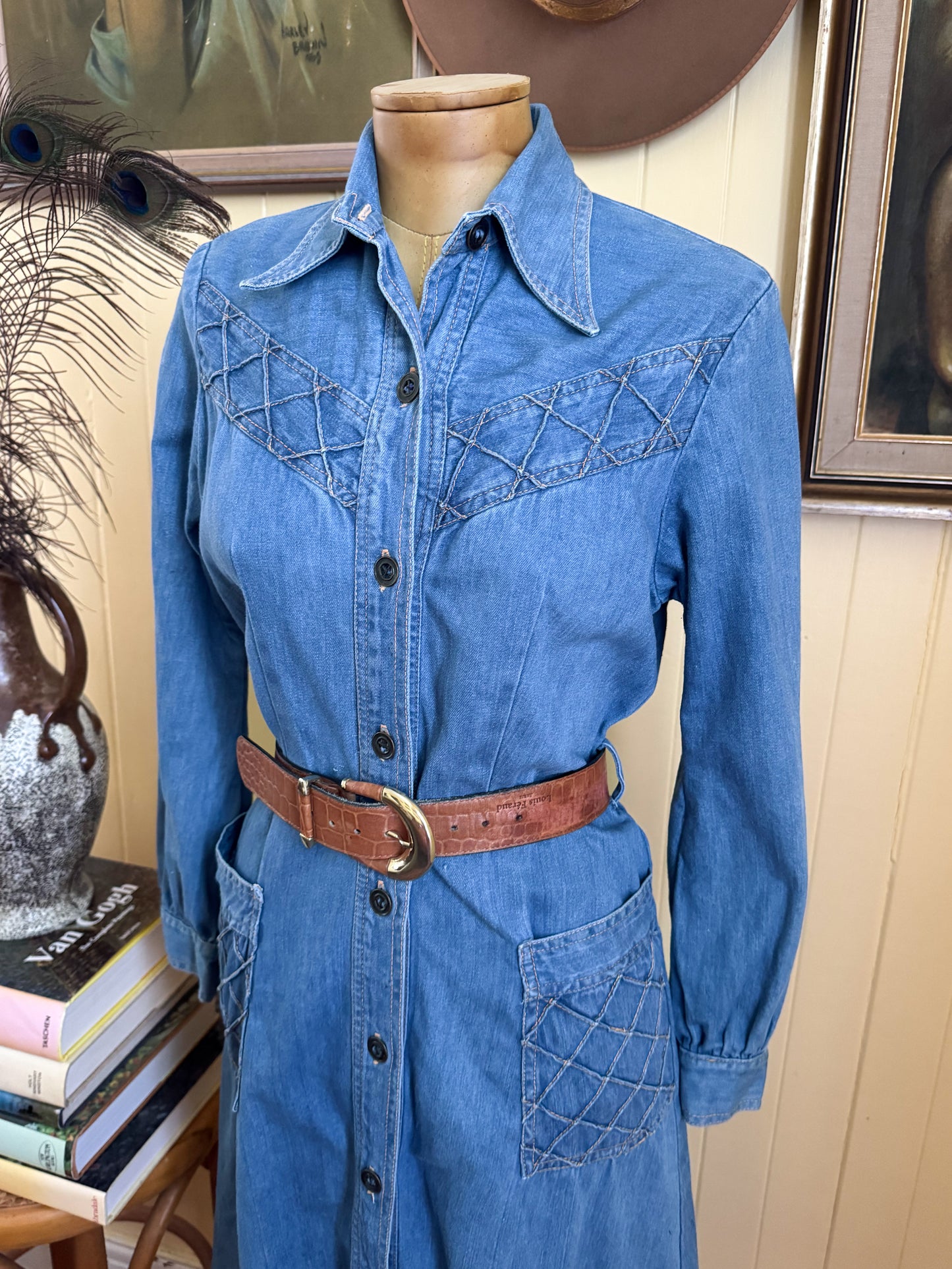 VINTAGE 1970S SUNDANCE COTTON DENIM BUTTON THROUGH MIDI SHIRT DRESS S