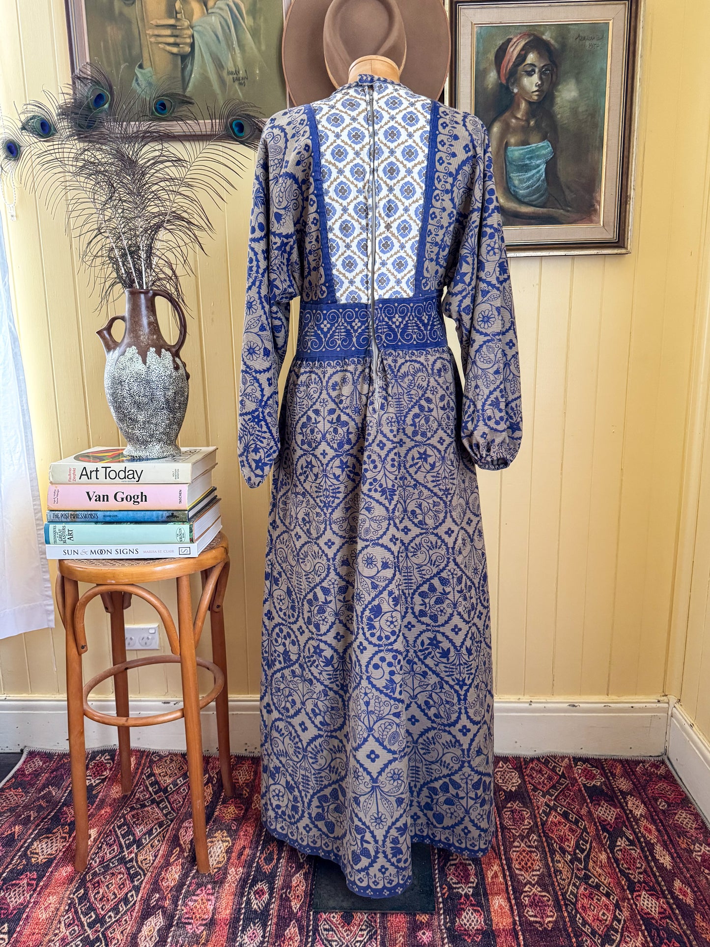 VINTAGE 1970S COTTON CORDUROY PRINTED MAXI PEASANT DRESS M