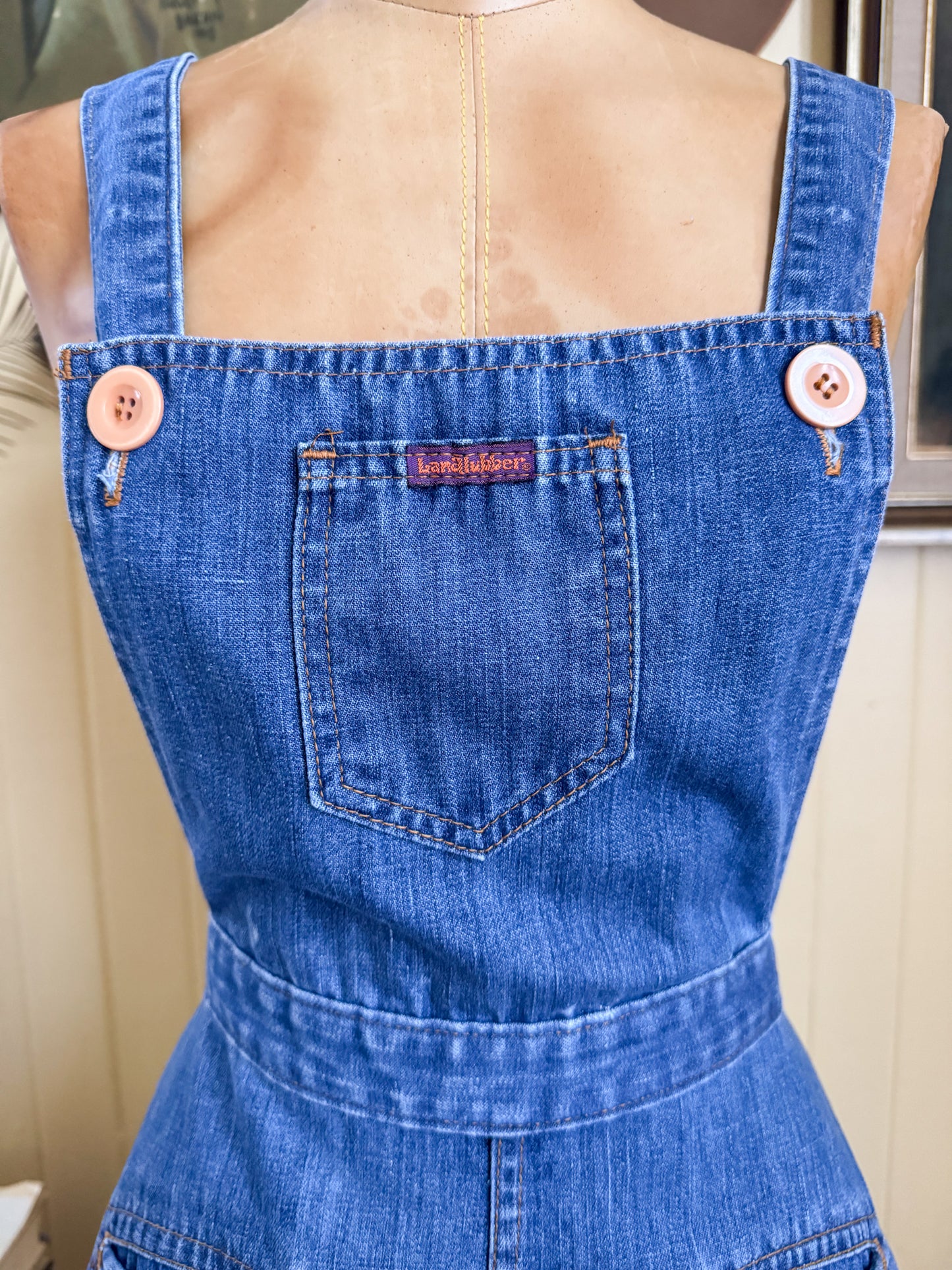 VINTAGE 1970S LANDLUBBER DENIM SUSPENDER PINAFORE DRESS XS/S