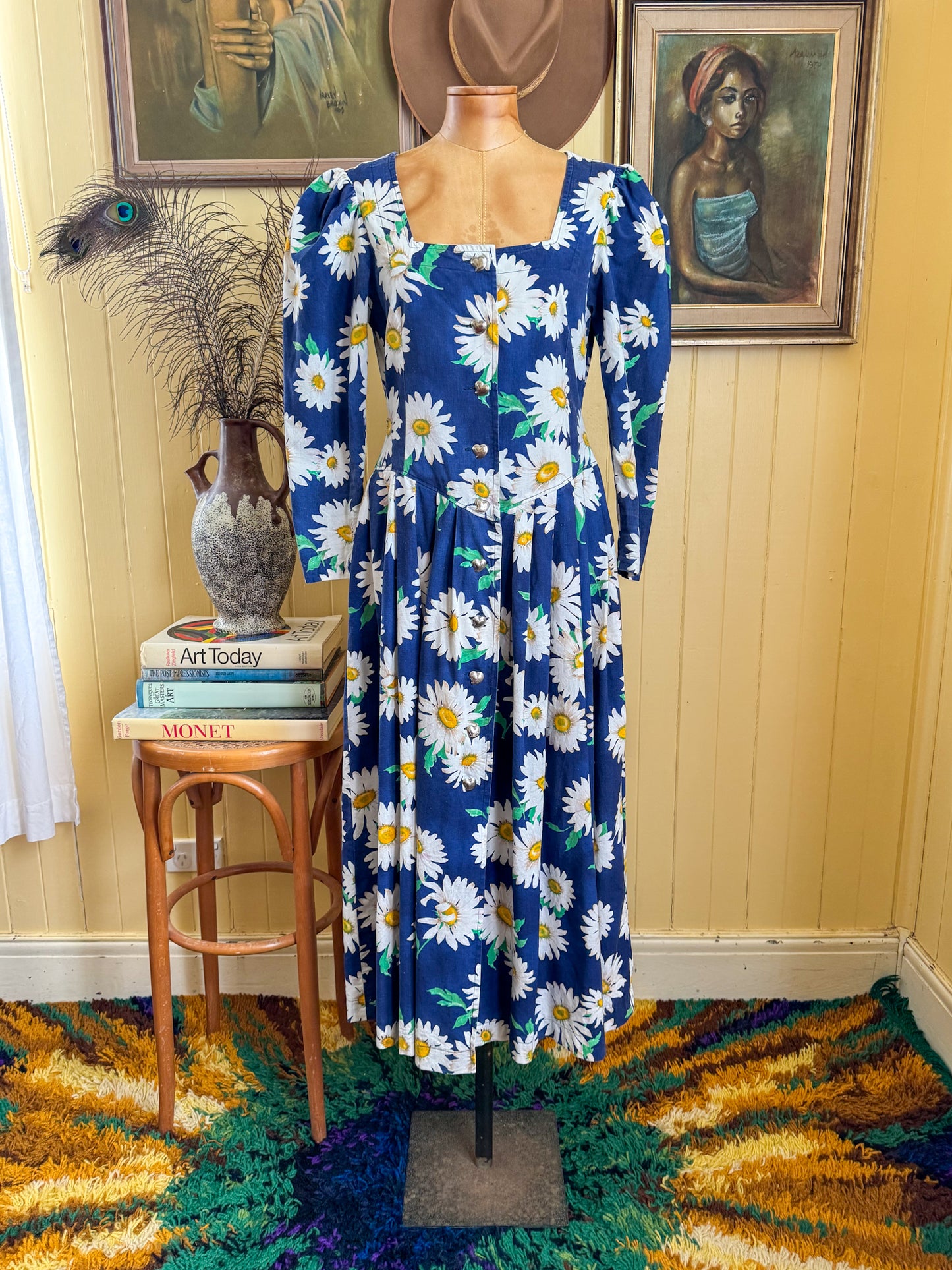 VINTAGE 1980S ASTRID PRIOR DAISY FLORAL PRINT PRAIRIE DRESS M