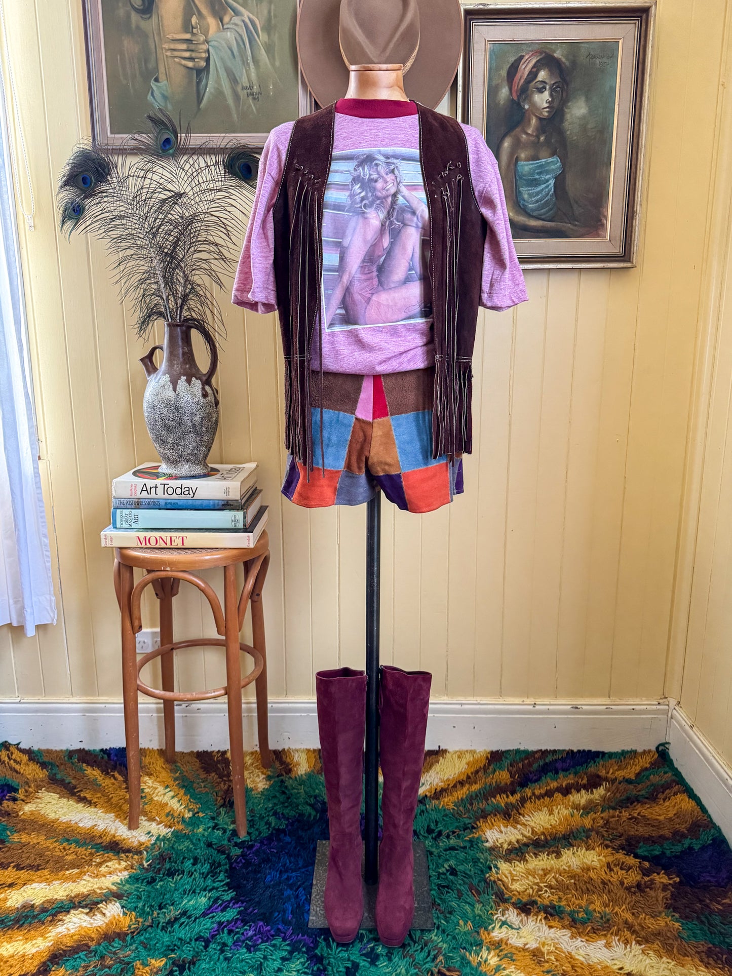 VINTAGE 1970S RARE LATIGO WEST SUEDE LEATHER PATCHWORK HOT PANTS SHORTS XXS