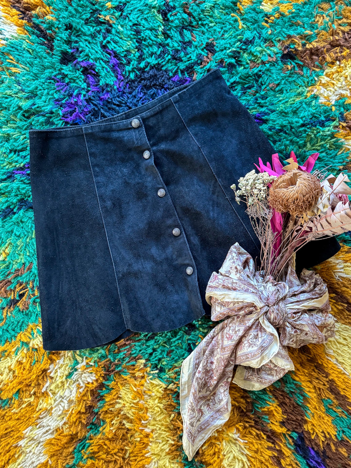 VINTAGE 1990S SUEDE LEATHER PANELLED BUTTON THROUGH MINI SKIRT M/L