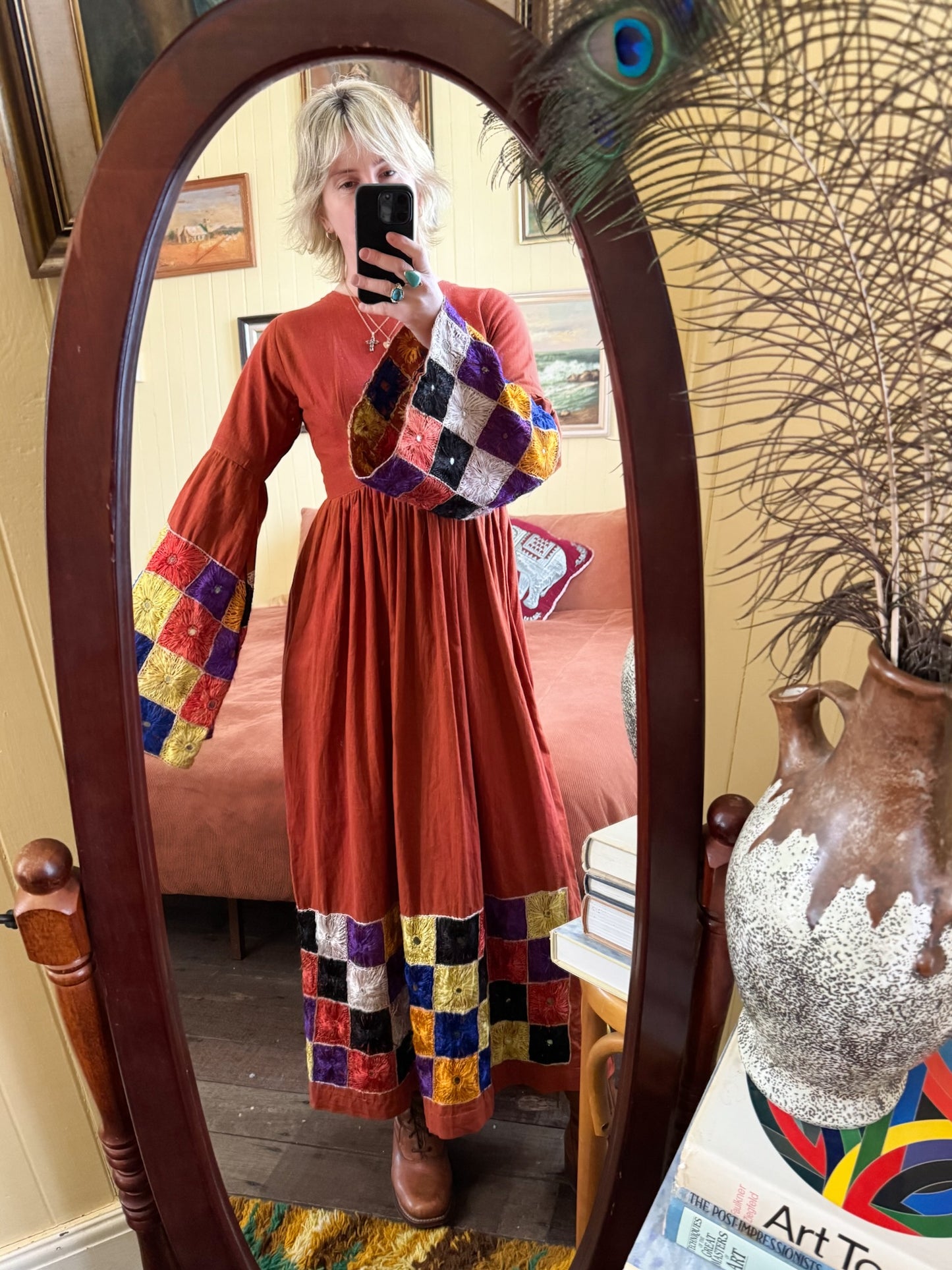 VINTAGE 1960S RARE INDIAN COTTON EMBROIDERED MIRRORS MAXI DRESS S
