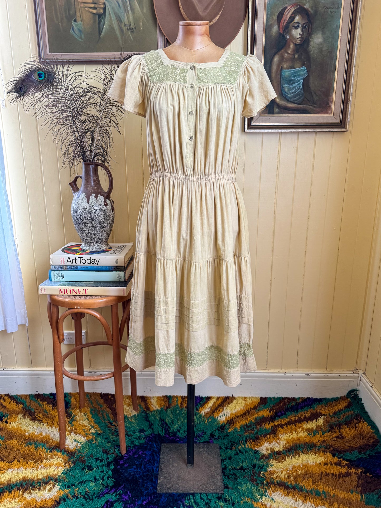 VINTAGE 1970S INDIAN COTTON LACE INSERT MIDI BUTTON DRESS S/M
