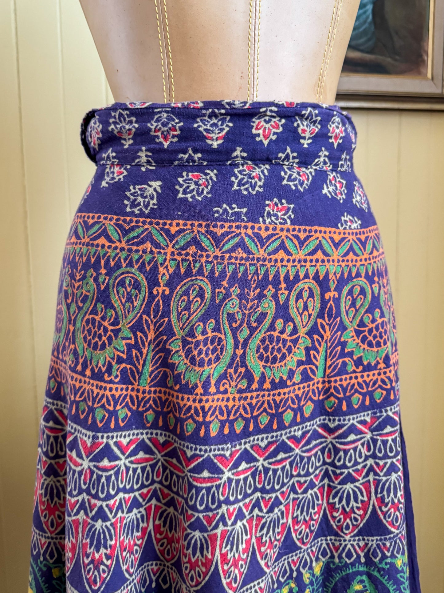 VINTAGE 1990S INDIAN COTTON BLOCK PRINT WRAP MIDI SKIRT S/M