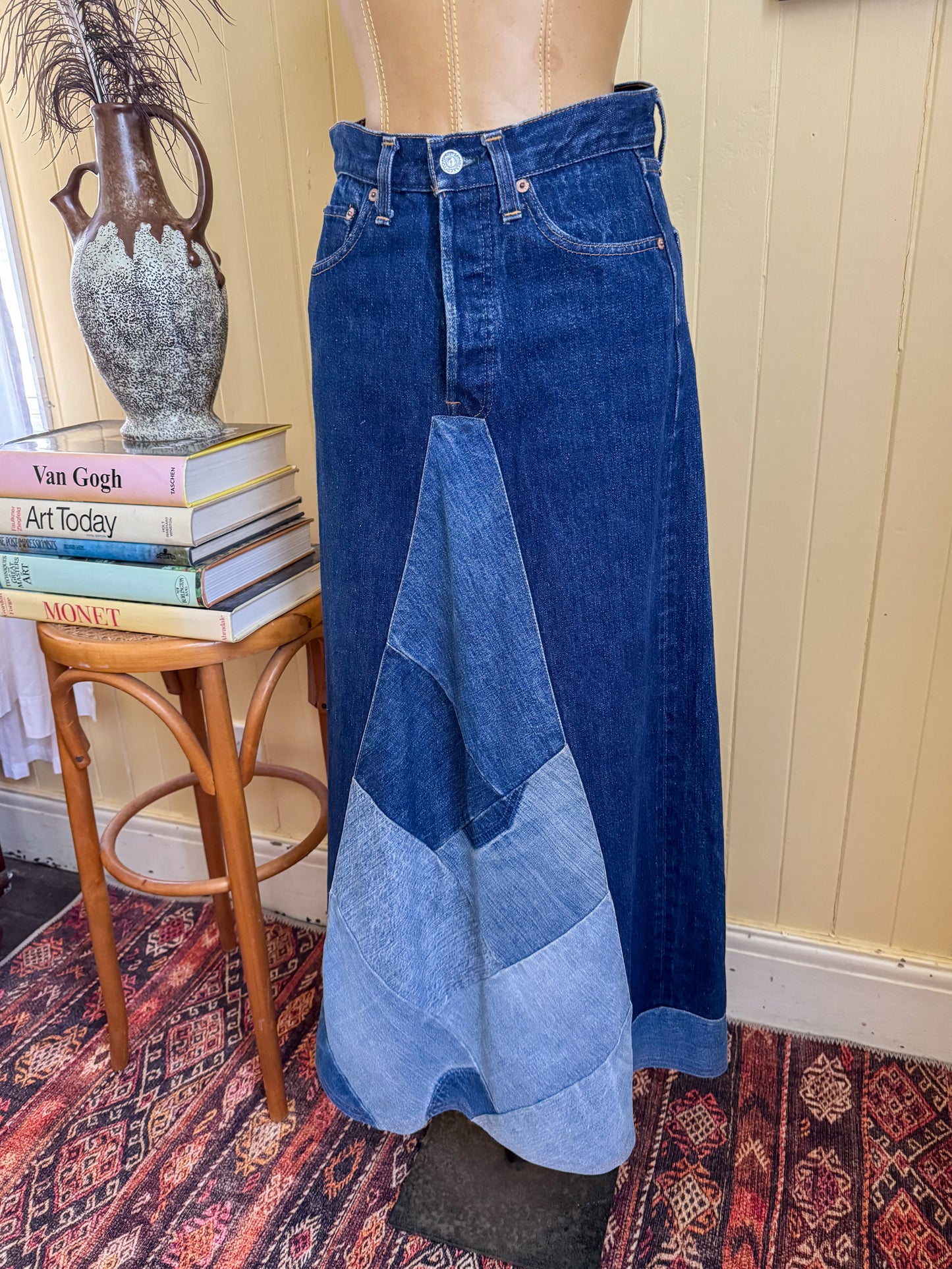 VINTAGE REWORKED LEVI’S COTTON DENIM PATCHWORK MIDI SKIRT S