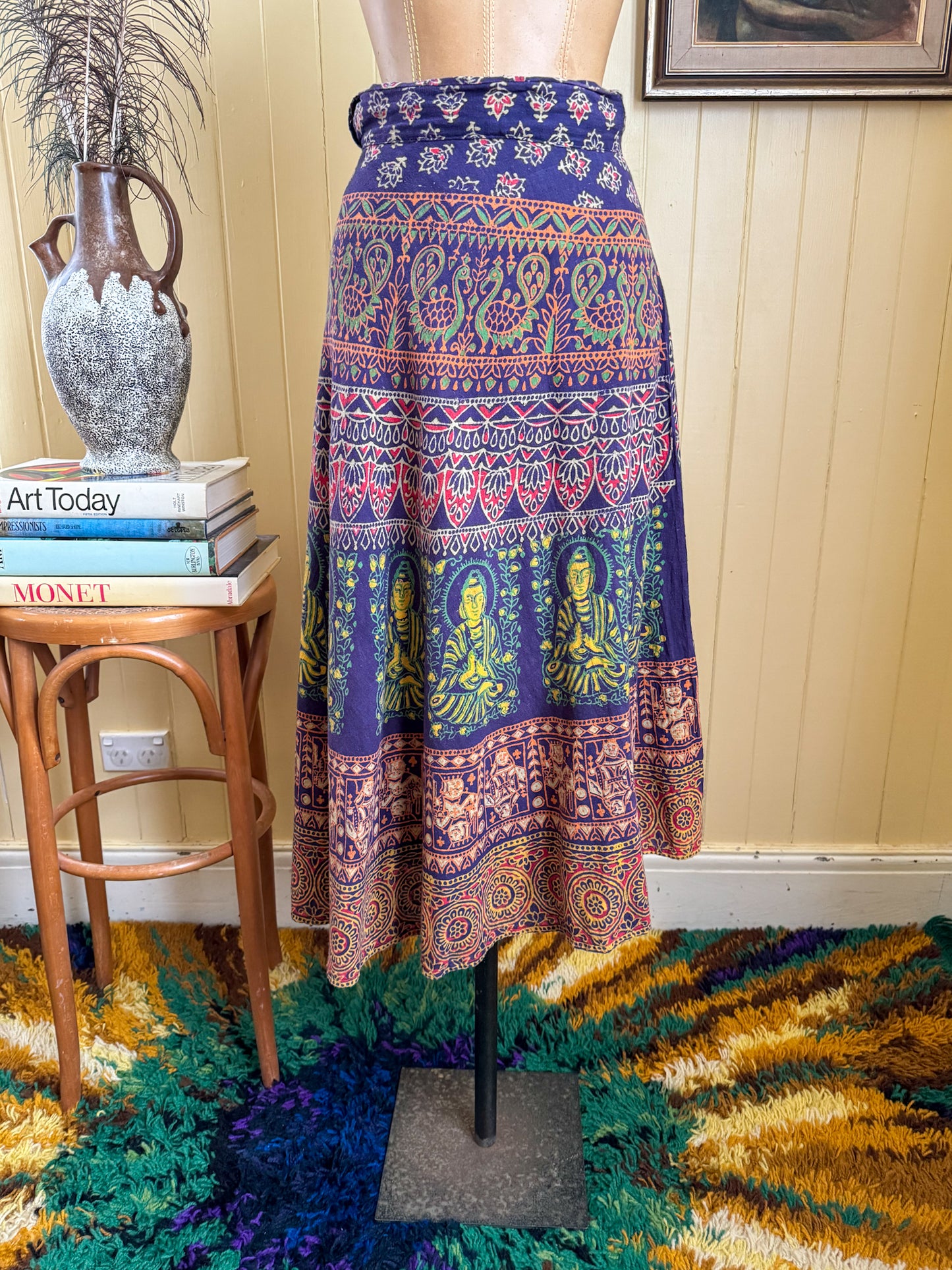 VINTAGE 1990S INDIAN COTTON BLOCK PRINT WRAP MIDI SKIRT S/M