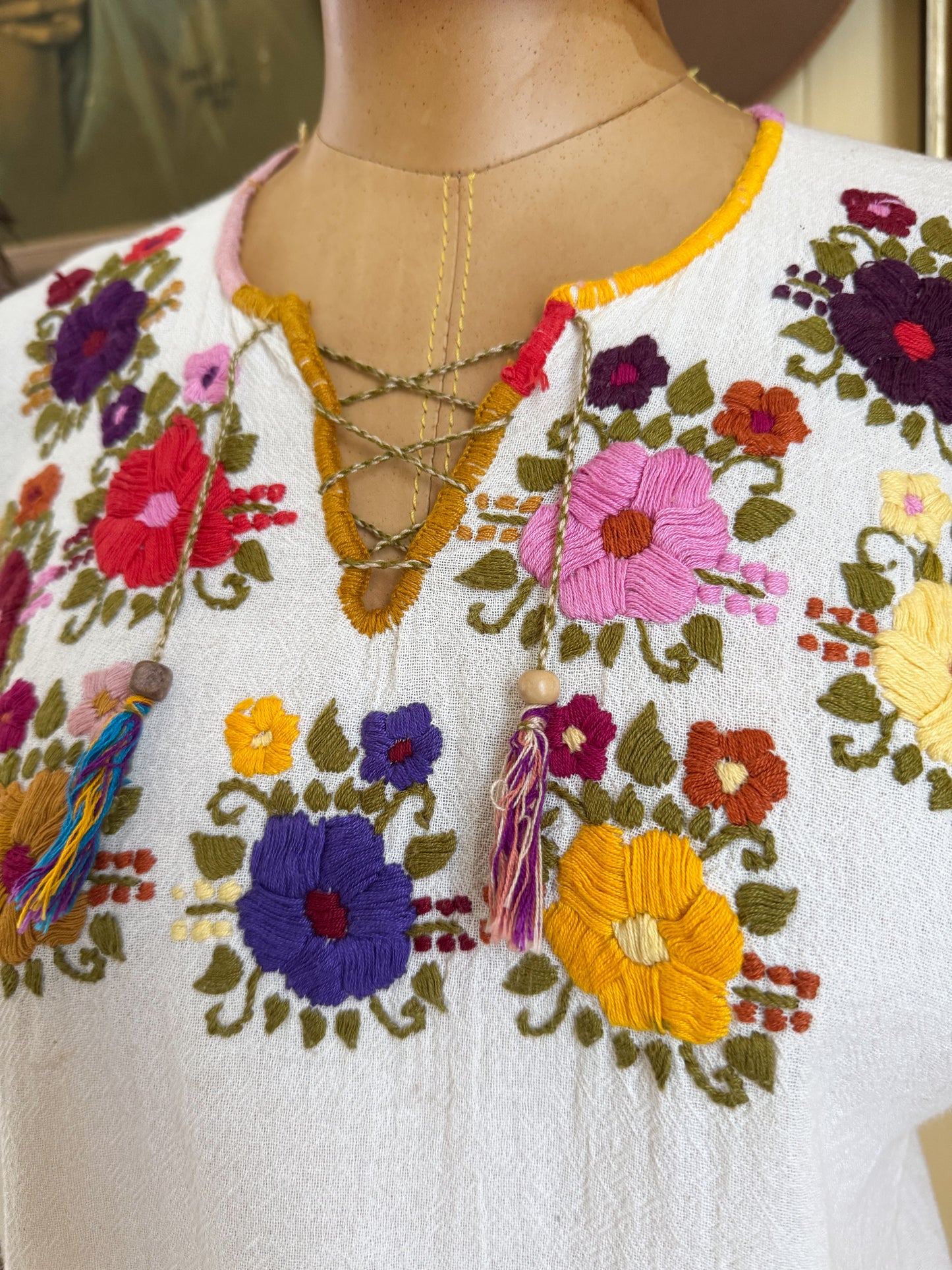 VINTAGE MEXICAN COTTON EMBROIDERED LONG SLEEVE FOLK BLOUSE S
