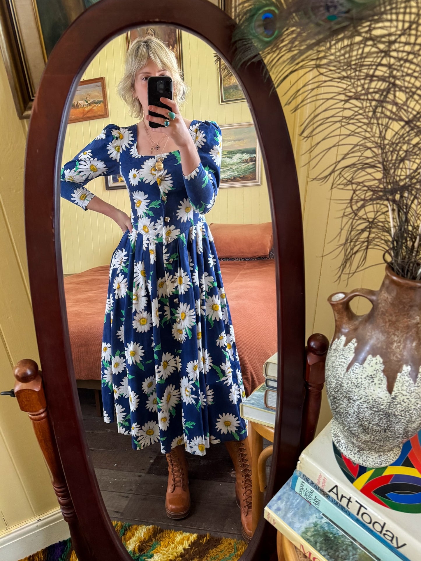 VINTAGE 1980S ASTRID PRIOR DAISY FLORAL PRINT PRAIRIE DRESS M