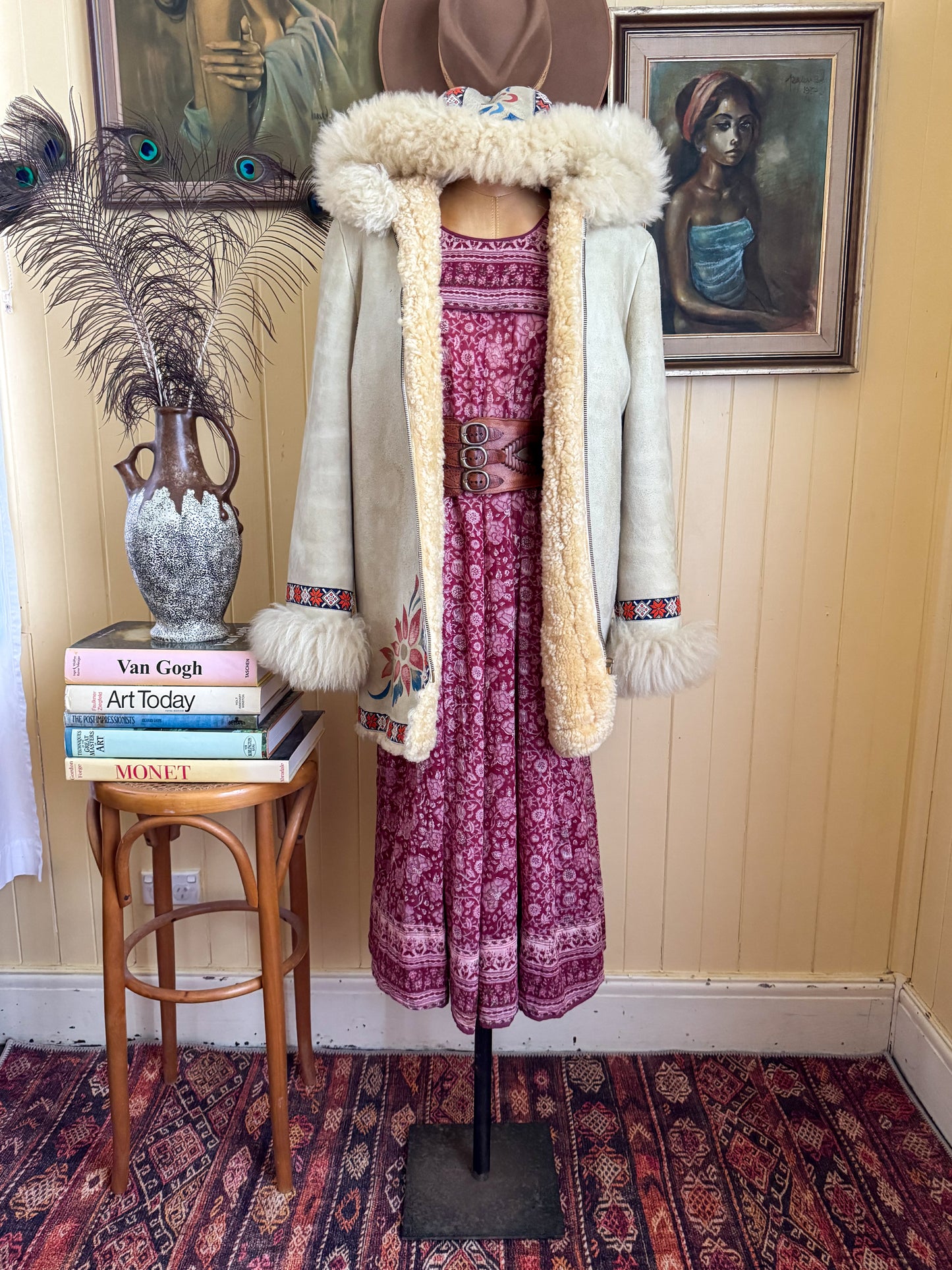 VINTAGE 1970S PENNY LANE SUEDE PAINTED SHEEPSKIN HOODED COAT M