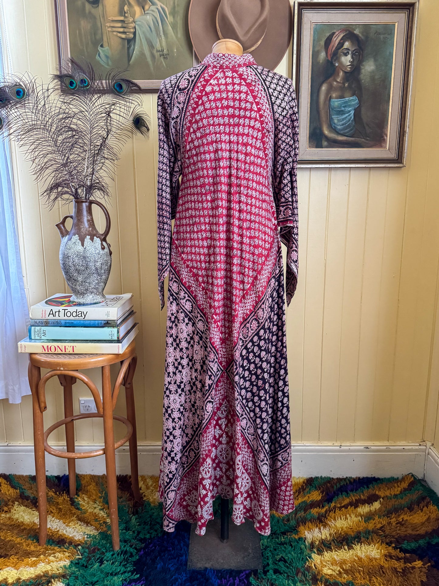 VINTAGE 1960S INDIA IMPORTS COTTON GAUZE BLOCK PRINT MAXI KAFTAN DRESS ONE SIZE