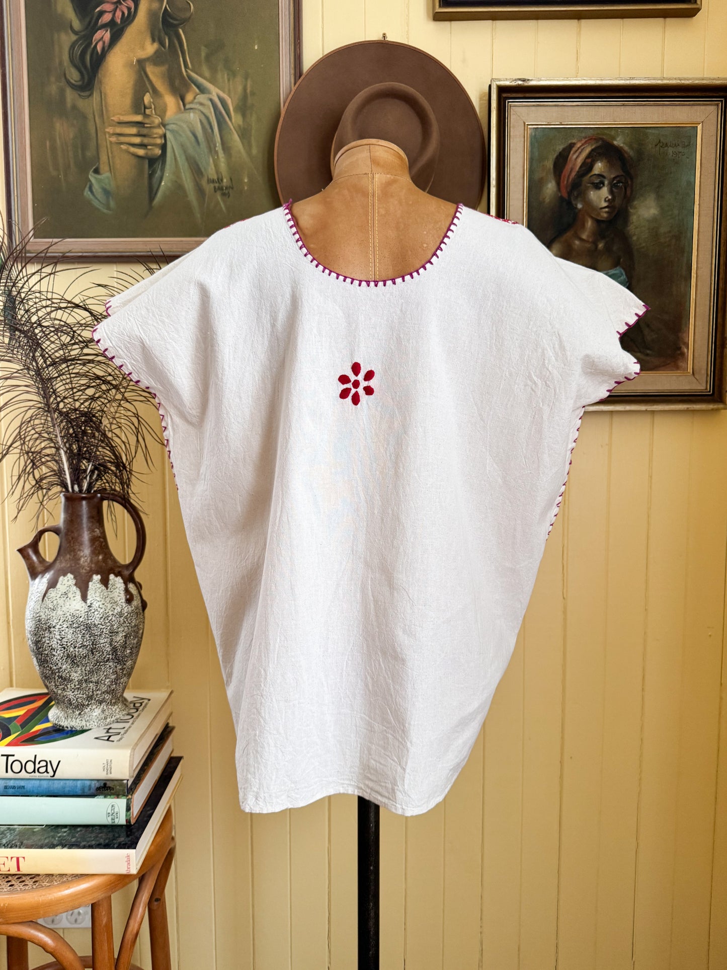 HANDMADE MEXICAN NATURAL COTTON EMBROIDERED HUIPIL TOP L/XL