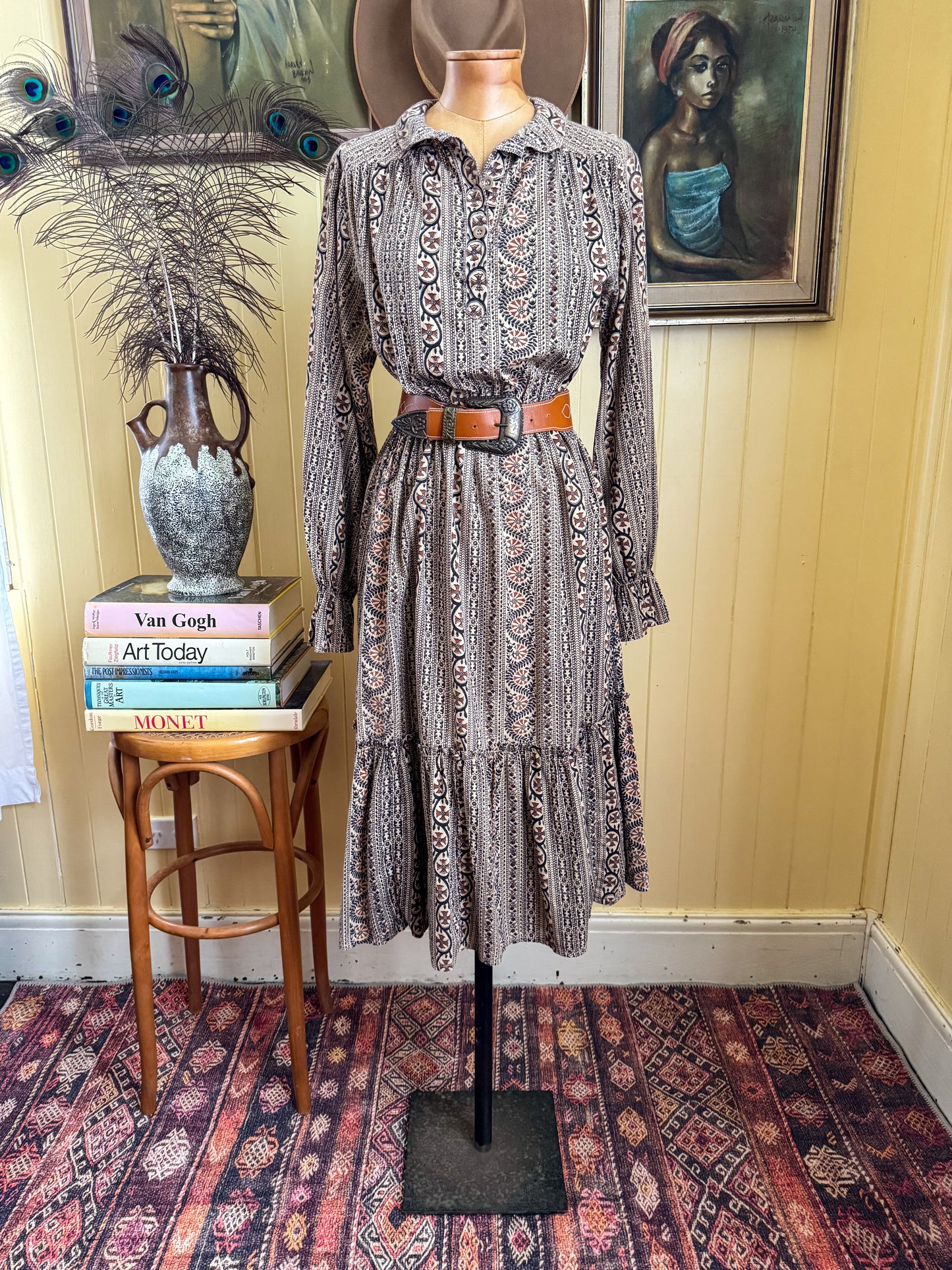 VINTAGE 1970S INDIAN COTTON BLOCK PRINT RUFFLE MIDI DRESS S/M