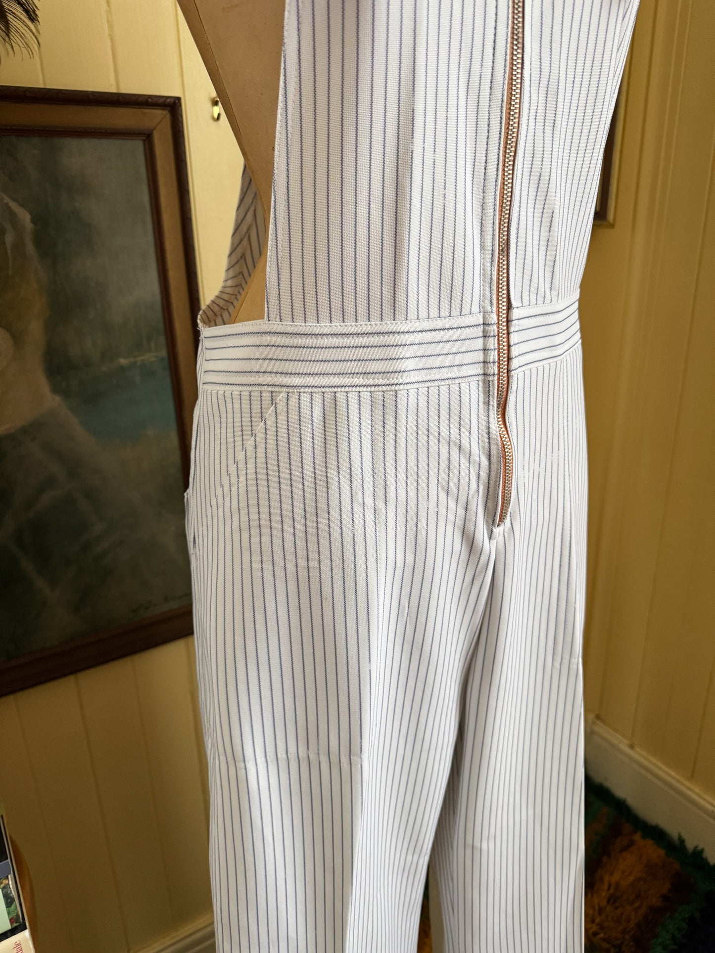 VINTAGE 1970S KOREAN MATCHMATES POLY STRIPED WIDE LEG DUNGAREES OVERALLS S/M