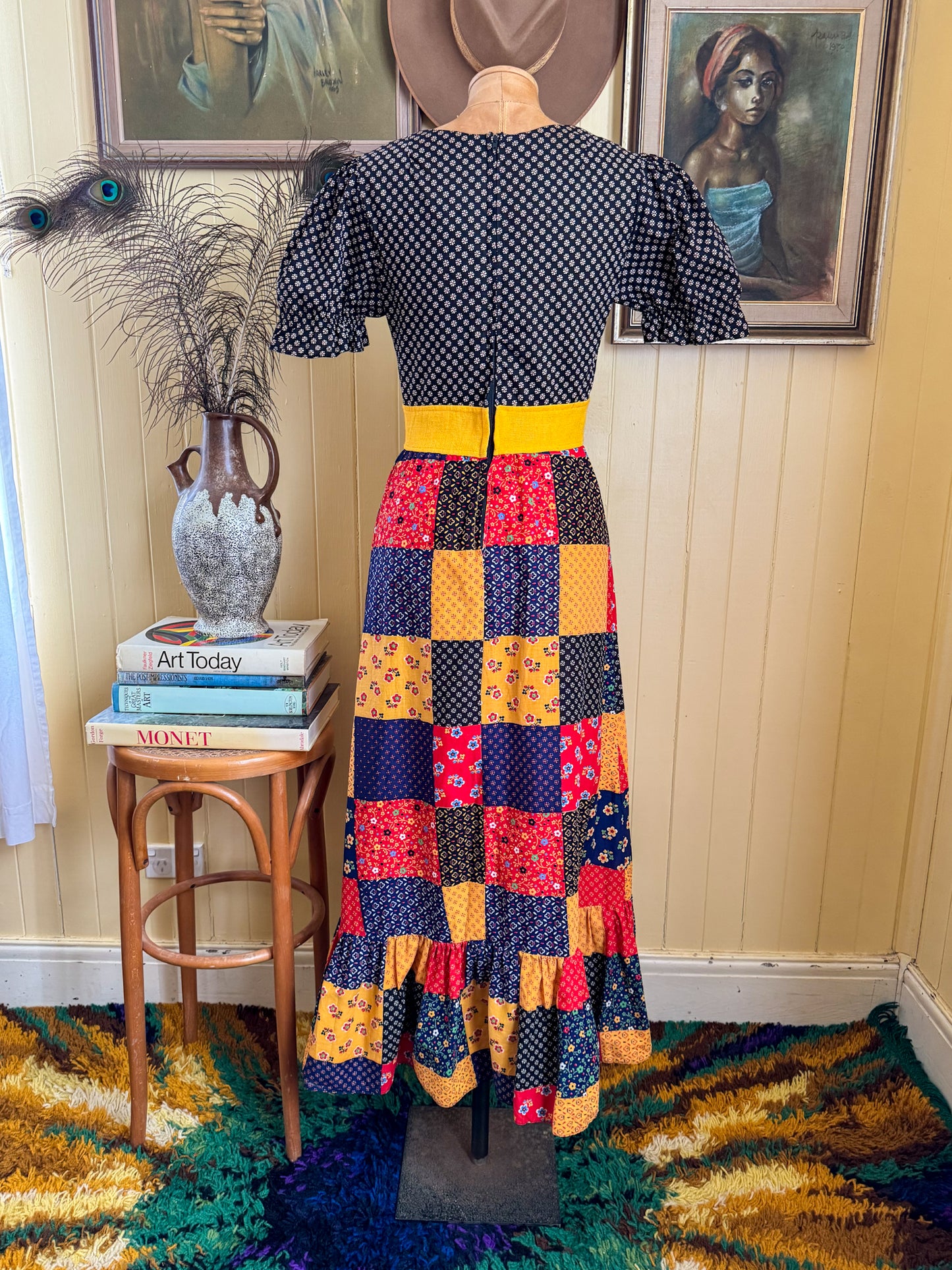 VINTAGE 1970S BINDI OF MELBOURNE COTTON PATCHWORK MAXI PRAIRIE DRESS XS/S