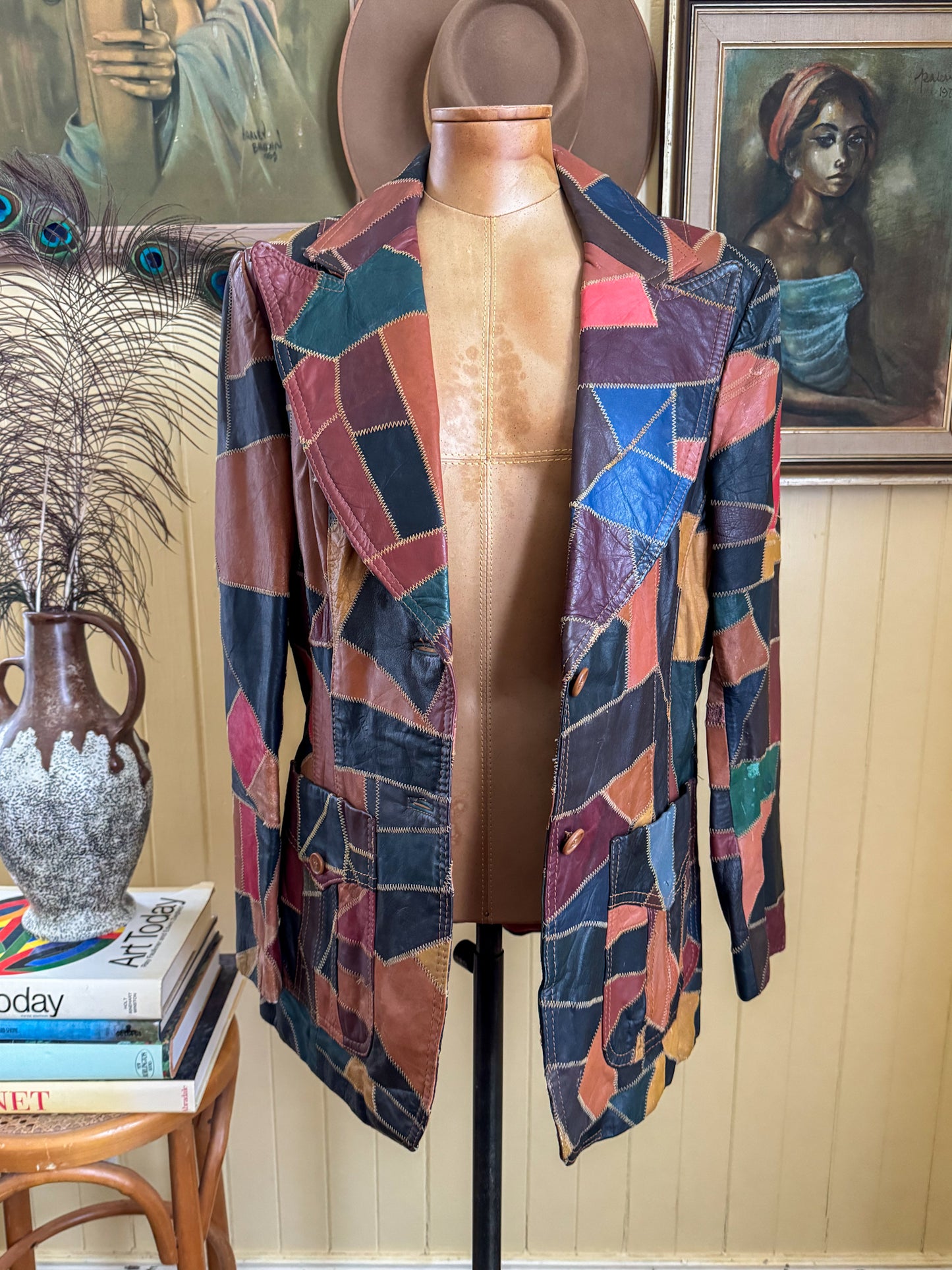 VINTAGE 1970S THE TANNERY KOREAN PATCHWORK LEATHER BLAZER JACKET M