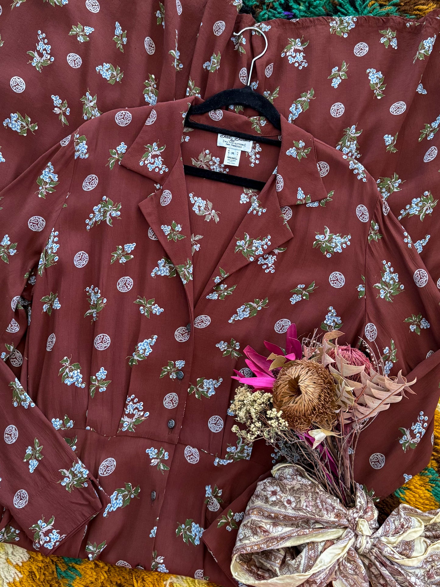 VINTAGE 1970S GAIL GARNER COLD RAYON FLORAL PRINT MAXI SHIRT DRESS M/L