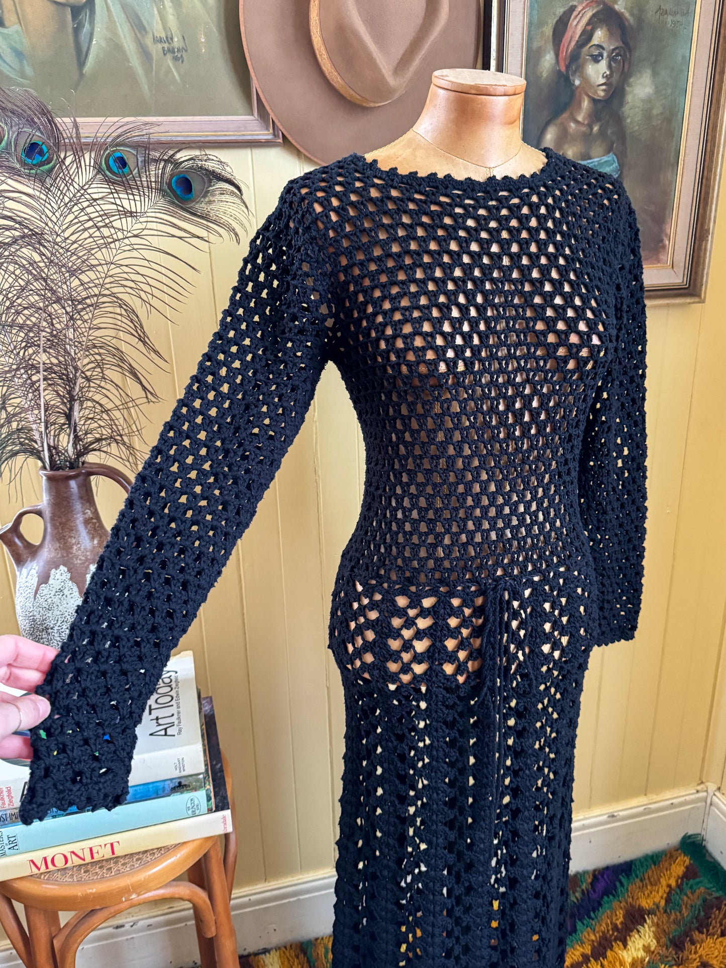 VINTAGE 1970S COTTON CROCHET OPEN WEAVE MAXI DRESS XS
