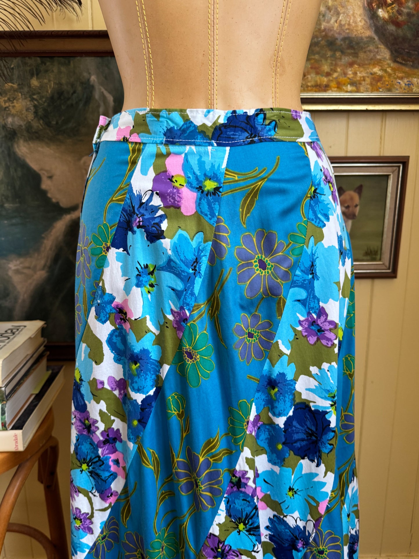 VINTAGE 1970S HANDMADE COTTON PRINT SPLICED CIRCLE MAXI SKIRT XS