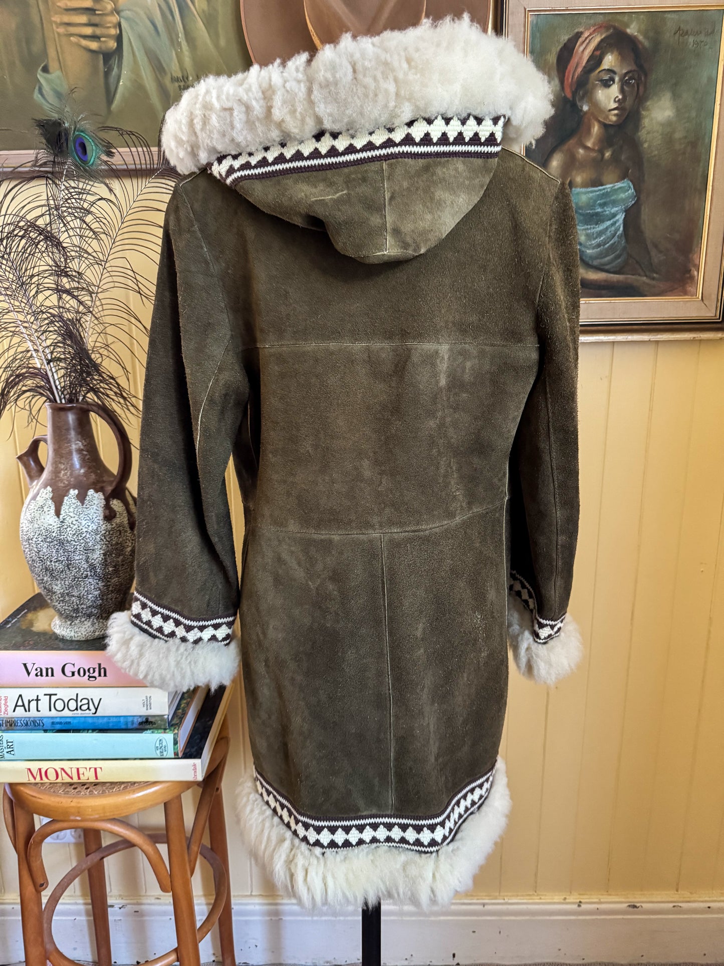 1970S PENNY LANE KHAKI SUEDE LEATHER HOODED SHEARLING LONG COAT S
