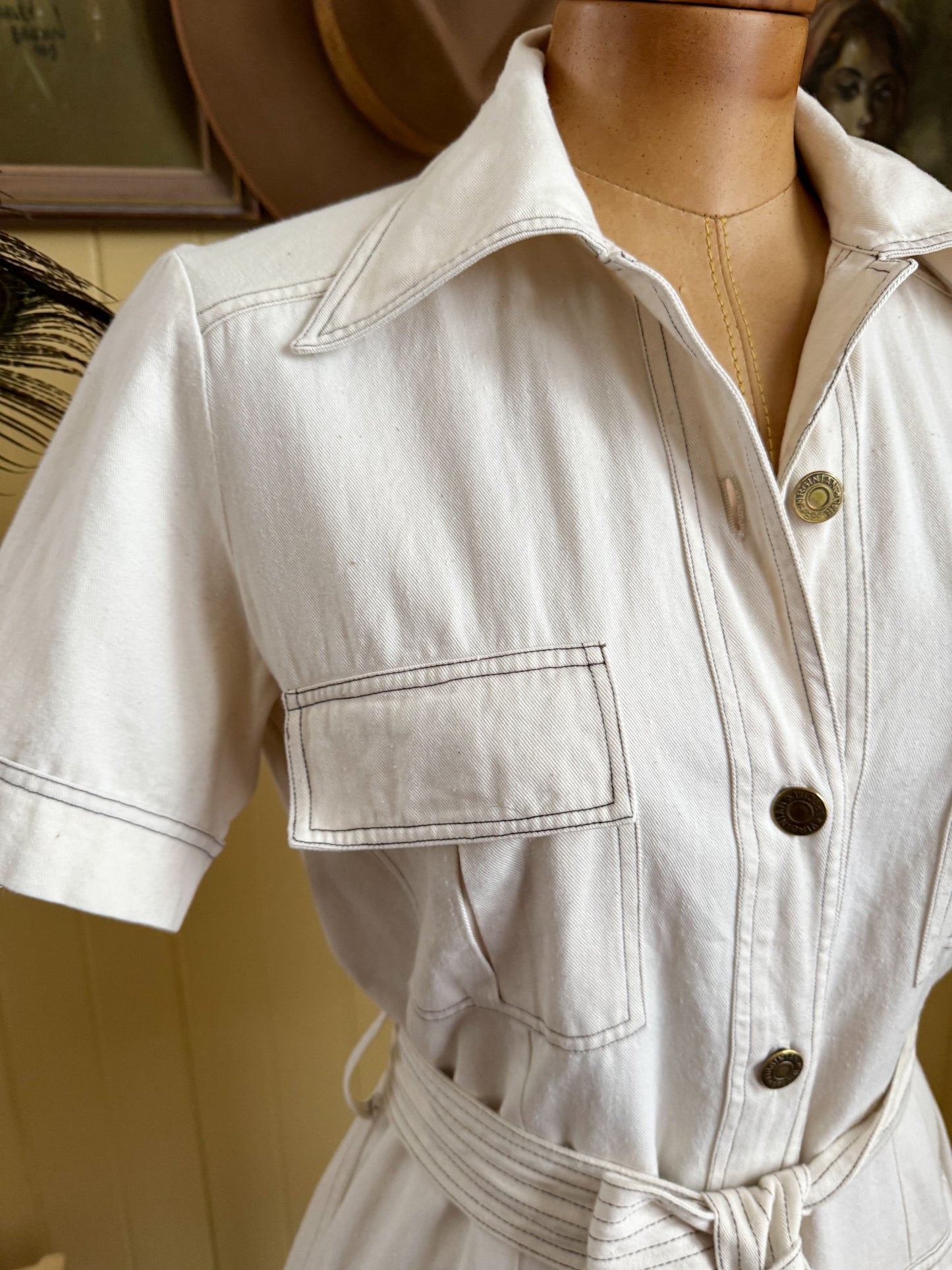VINTAGE 1970S OFF WHITE COTTON DRILL FITTED SAFARI SHIRT JACKET S/M