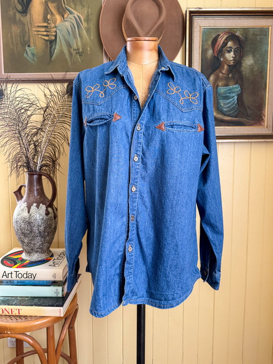 VINTAGE 1980S CORFU CHAMBRAY DENIM EMBROIDERED WESTERN SHIRT M