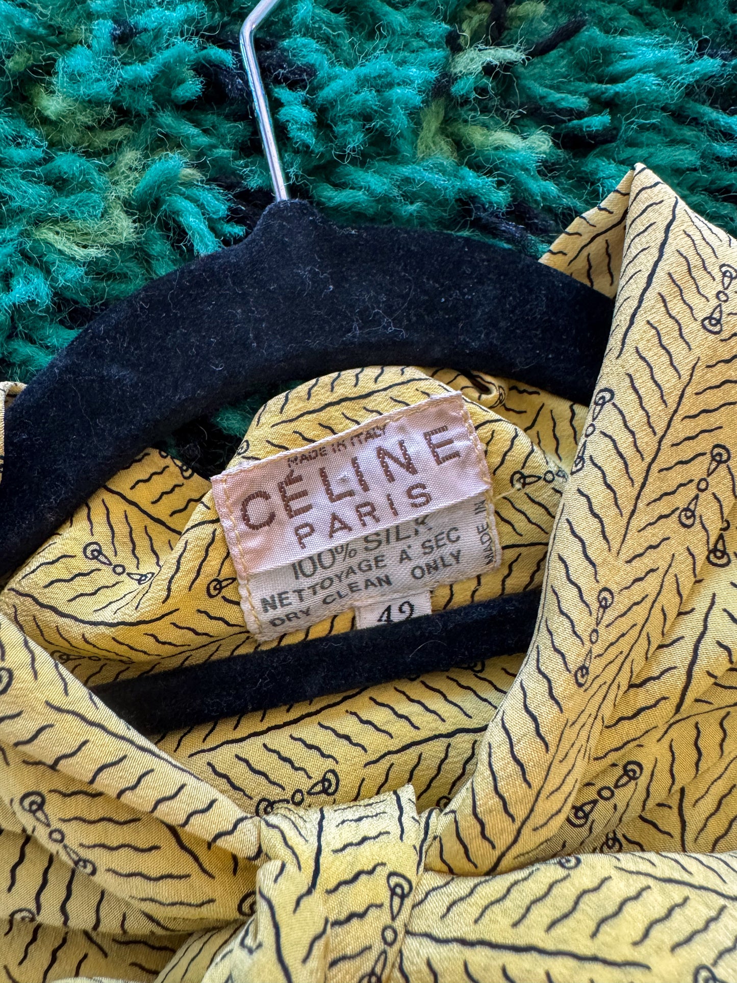 VINTAGE 1970S CELINE PARIS SILK GEOMETRIC PRINT PUSSY BOW BLOUSE M