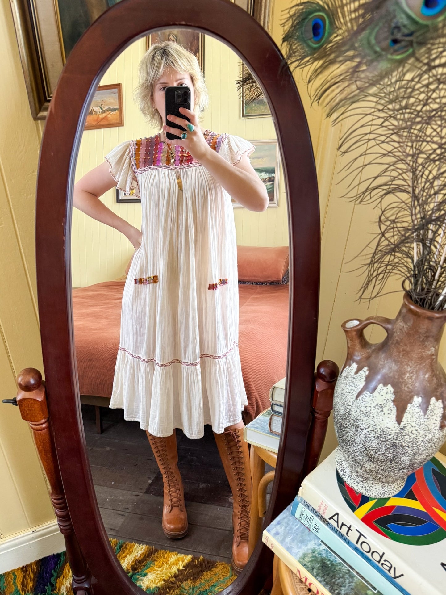 VINTAGE 1970S COTTON CHEESECLOTH EMBROIDERED MIDI SUNDRESS S/M/L