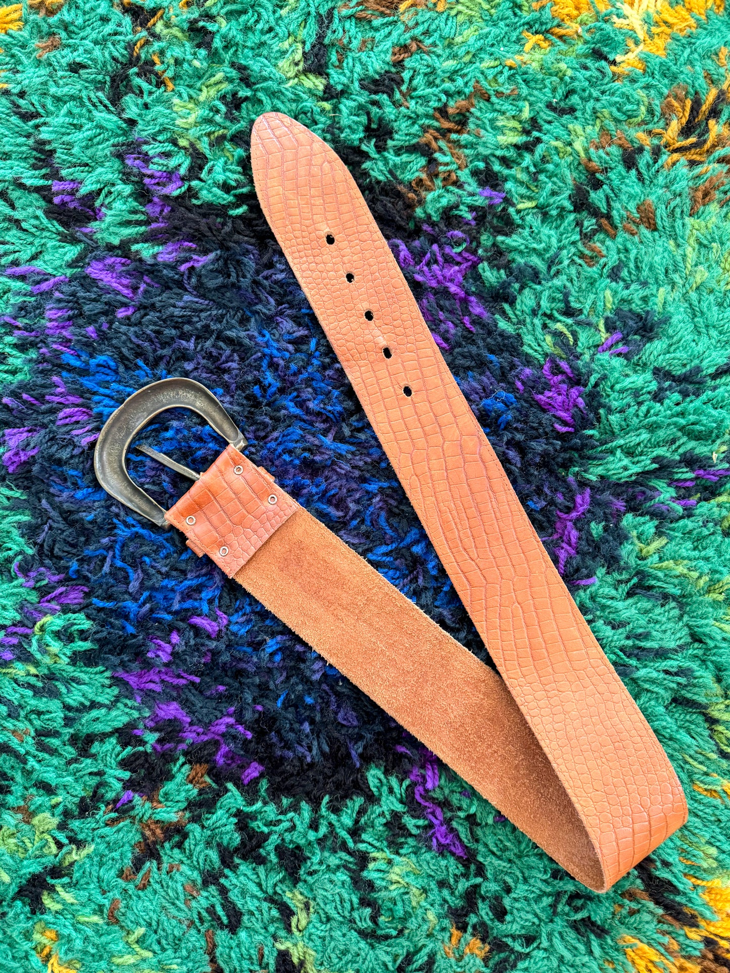 VINTAGE 1980S TAN WIDE LEATHER CROC EFFECT WAIST BELT M