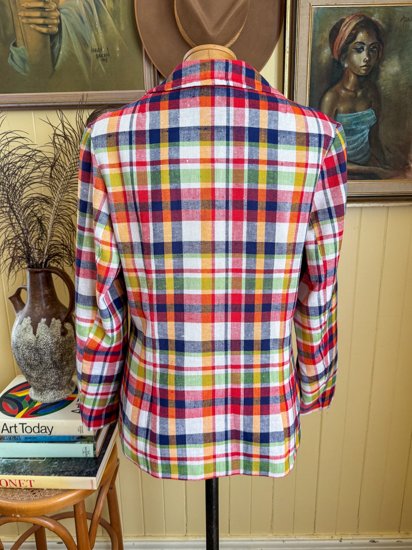 VINTAGE 1970S VIRGO COTTON PLAID DAGGER COLLAR BLAZER JACKET M