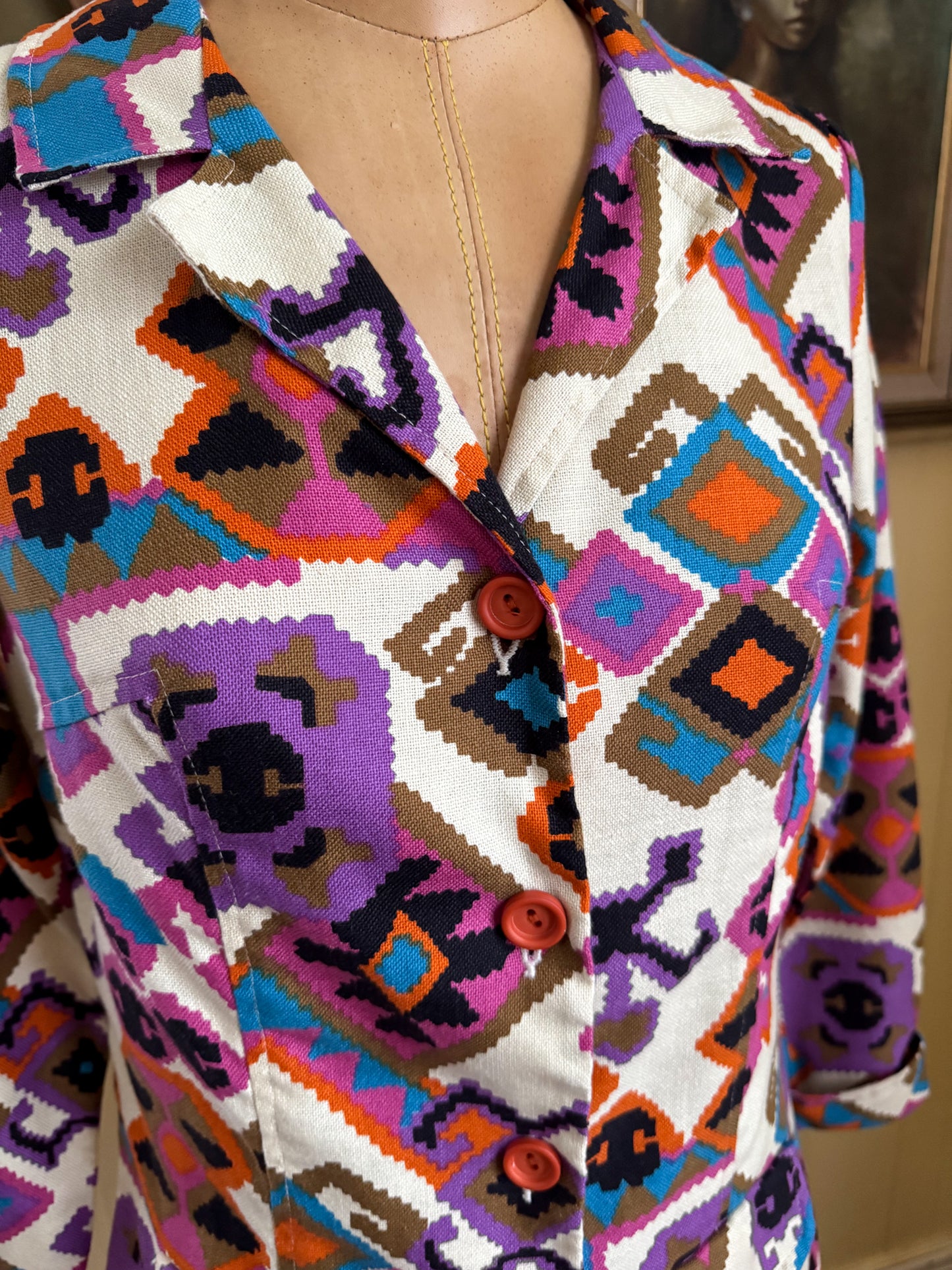 VINTAGE 1970S PSYCHEDELIC GEOMETRIC PRINT FITTED JACKET S