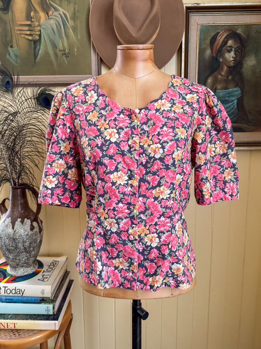 VINTAGE 1980S AUSTRALIAN LAURA ASHLEY COTTON FLORAL PRINT BLOUSE M