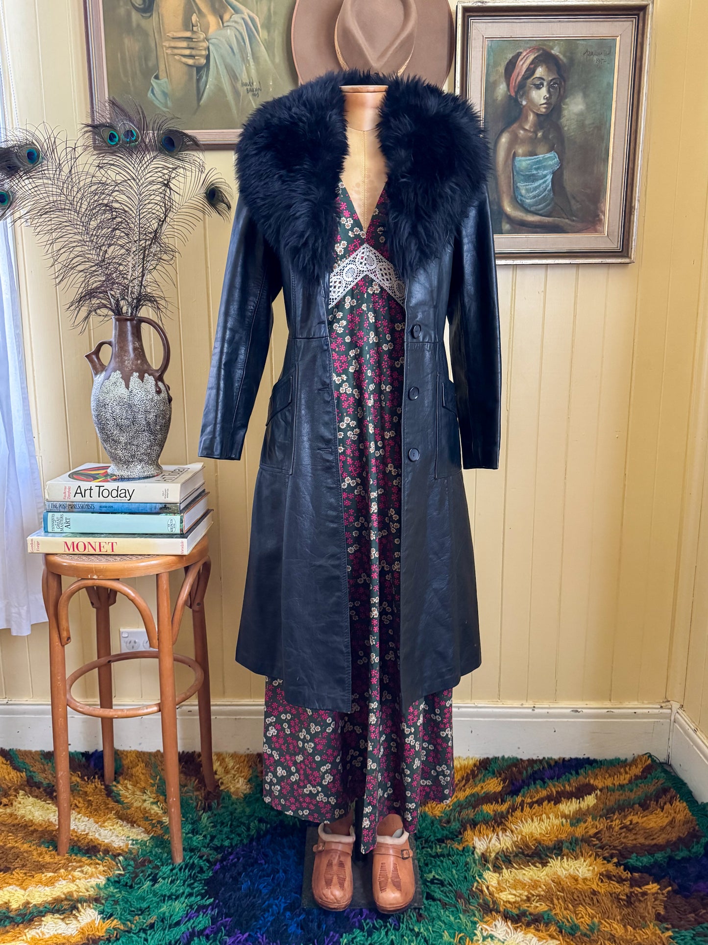VINTAGE 1970S BLACK LEATHER PENNY LANE LONG SHEARLING COAT S