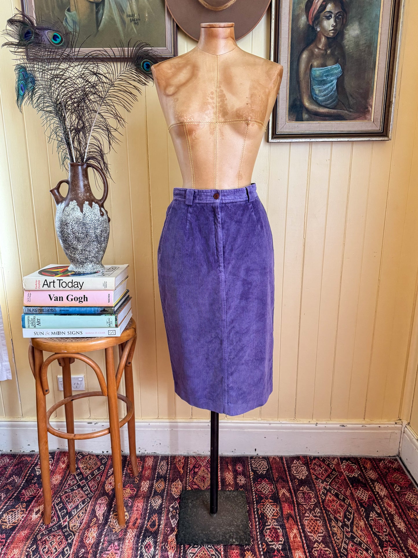 VINTAGE 1980S SPORTSCRAFT COTTON CORDUROY MIDI PENCIL SKIRT S/M