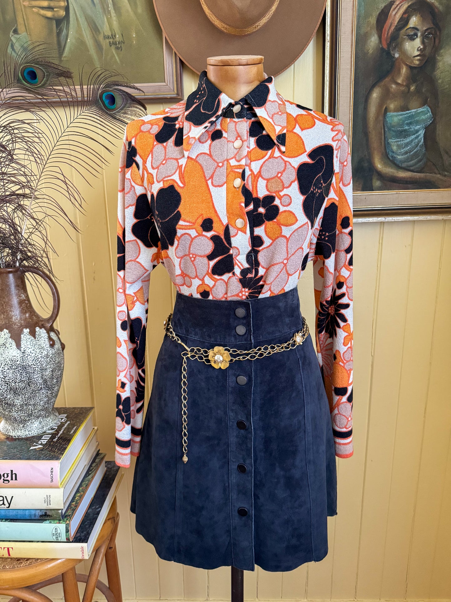VINTAGE 1970S DOMONY PSYCHEDELIC PRINT COLLARED TUNIC TOP M/L