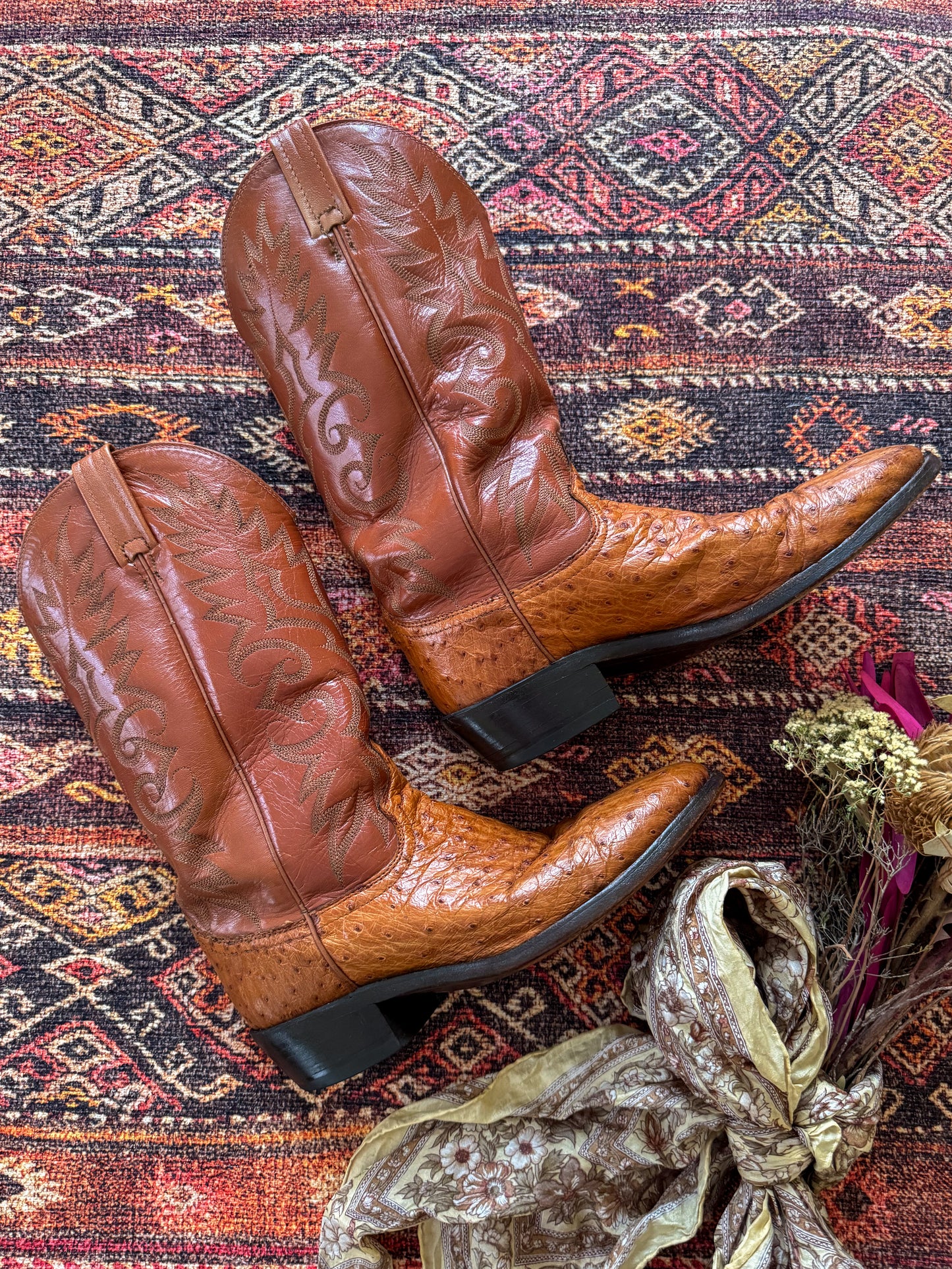 VINTAGE DAN POST AMERICAN OSTRICH LEATHER QUILL WESTERN COWBOY BOOTS 10/41