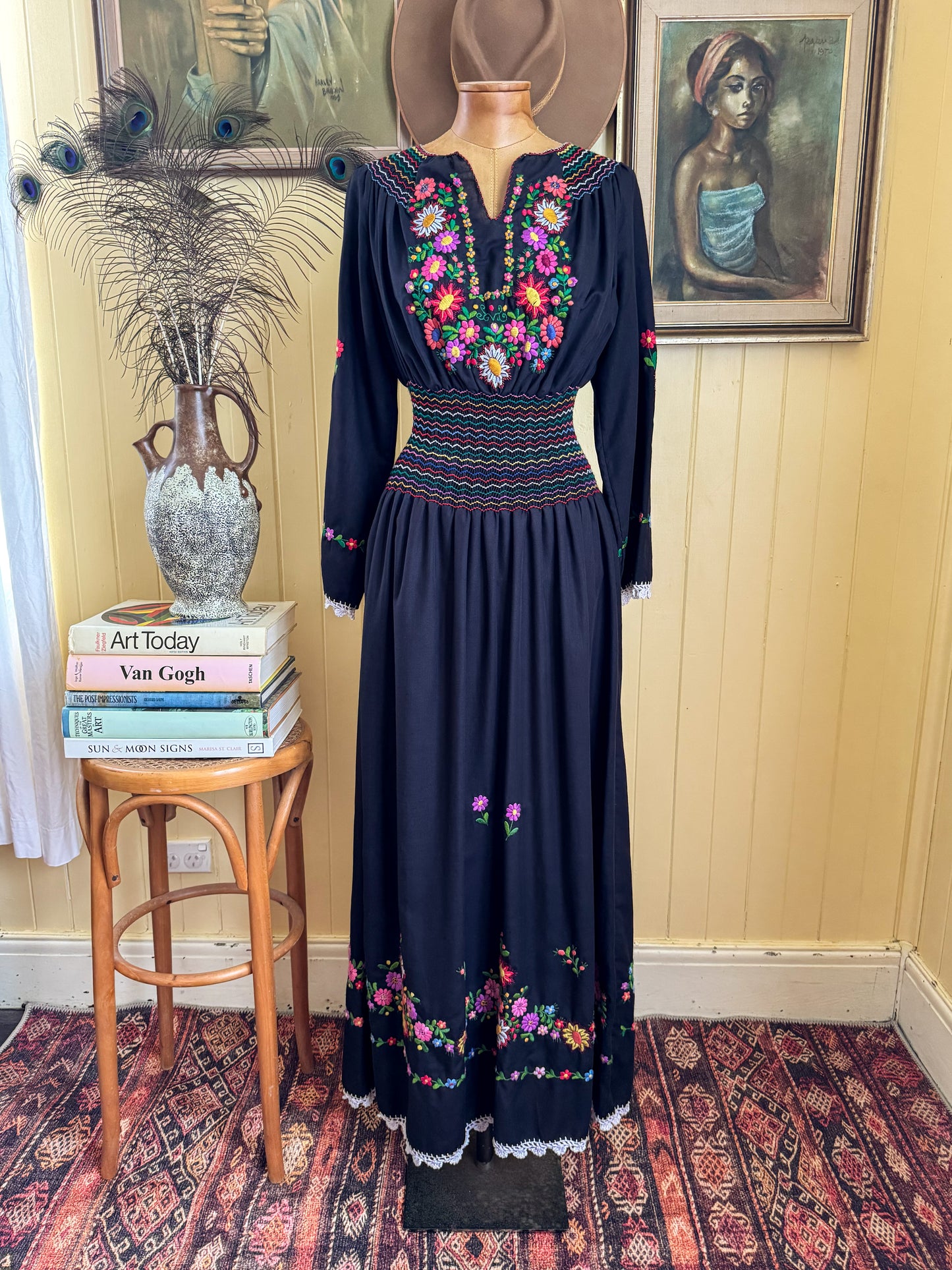 VINTAGE 1990S HUNGARIAN COTTON BLEND EMBROIDERED PEASANT MAXI DRESS S/M