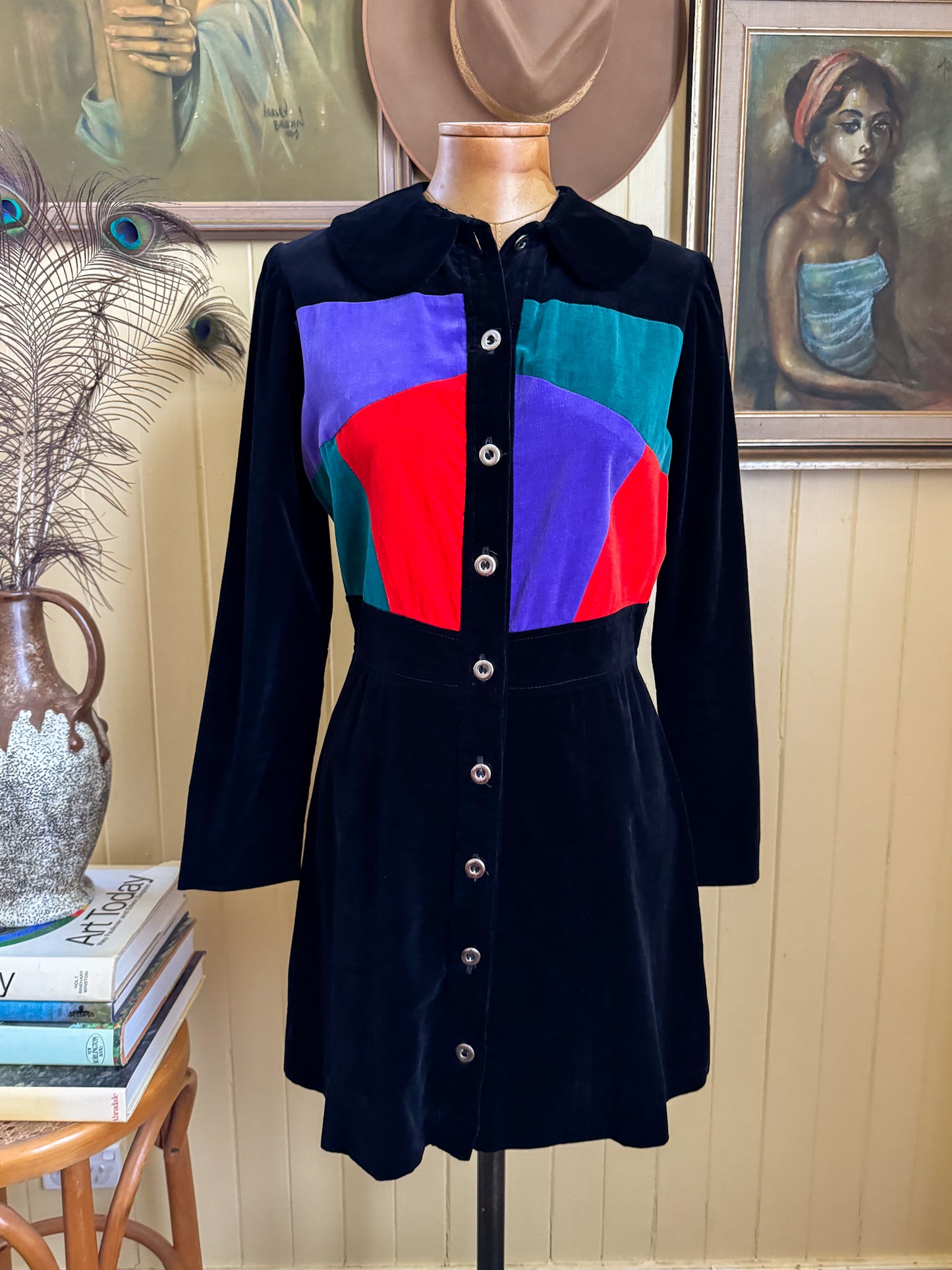 VINTAGE 1970S EMMA COTTON VELVET COLOUR BLOCK MINI DRESS S