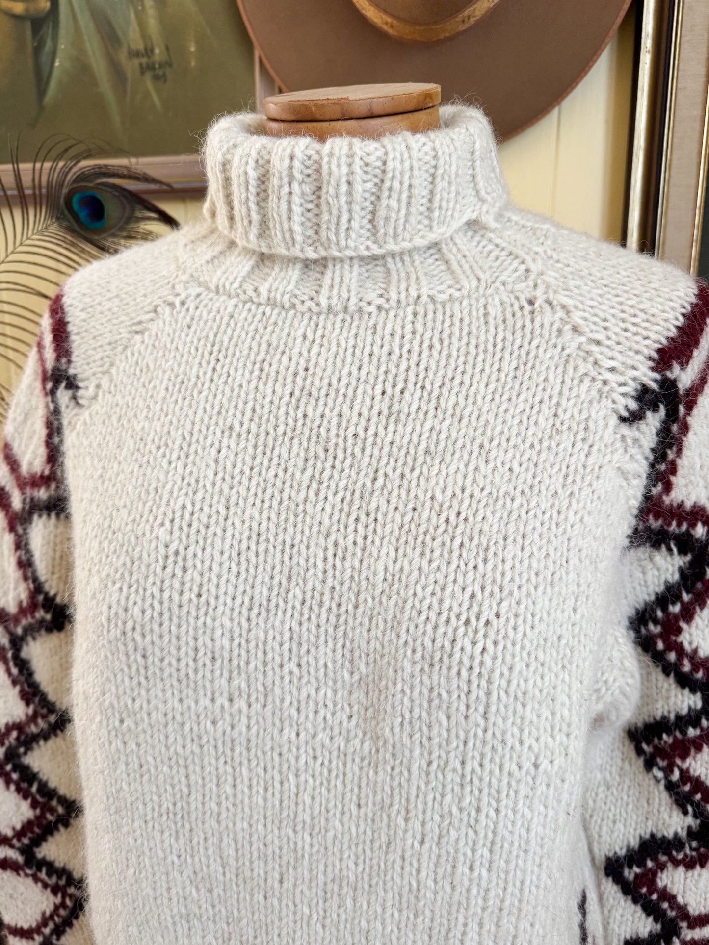 VINTAGE MALIKA INDIAN 100% WOOL MOTIF CHUNKY KNIT JUMPER S/M
